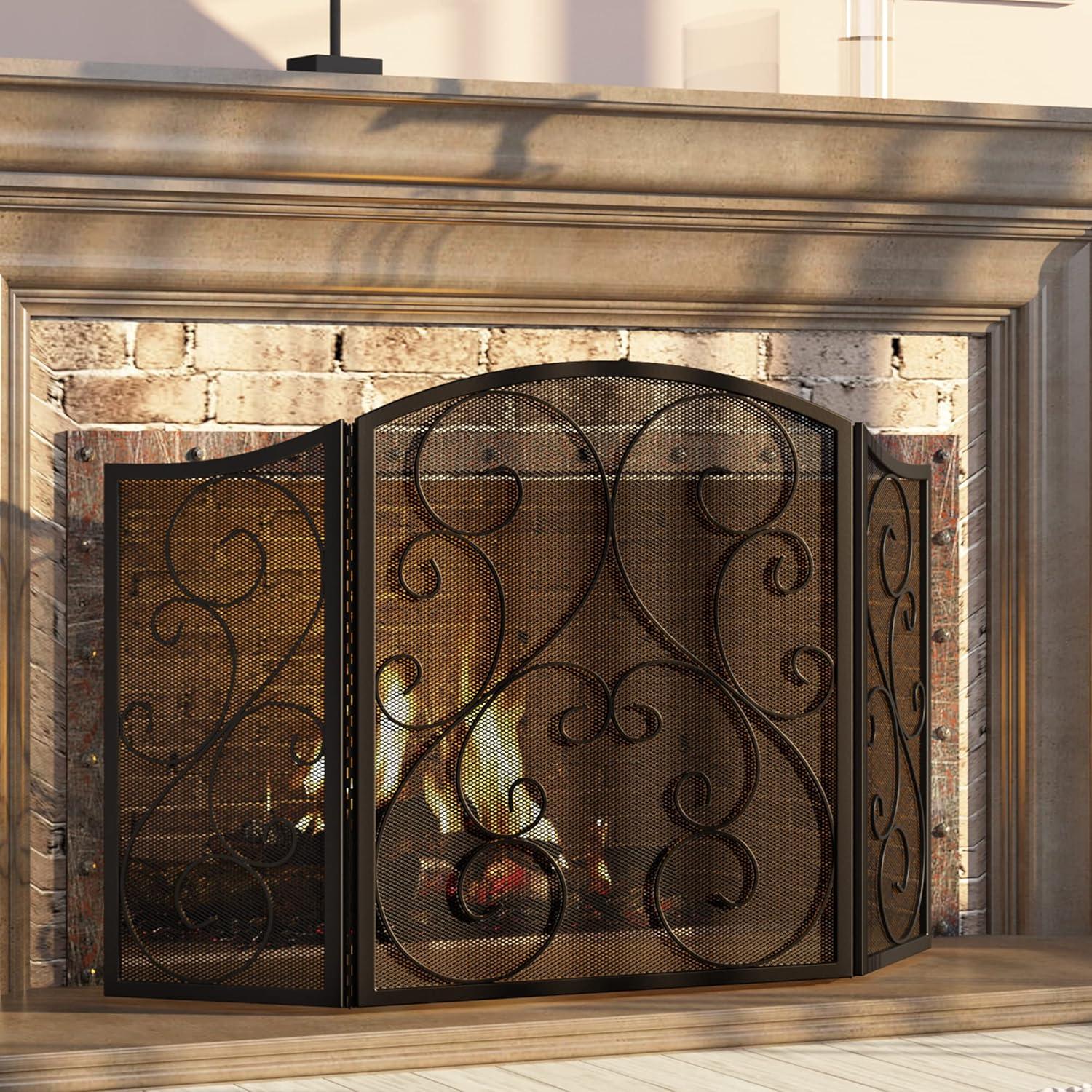 Classic Black Wrought Iron 3-Panel Fireplace Screen