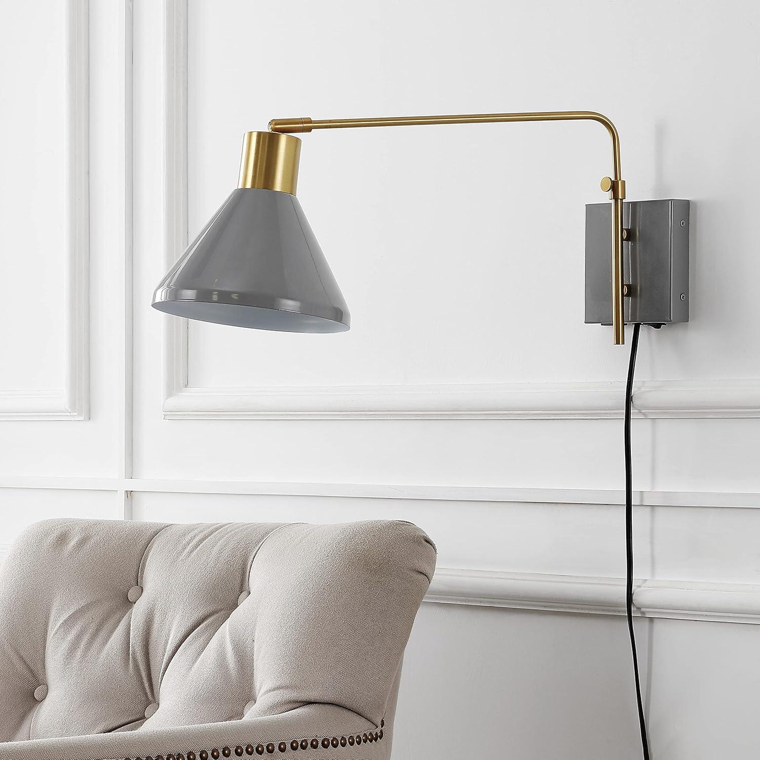 Max 20.5" Swing Arm 1-Light Modern Midcentury Iron USB Charging Port LED Sconce, Grey/Brass Gold