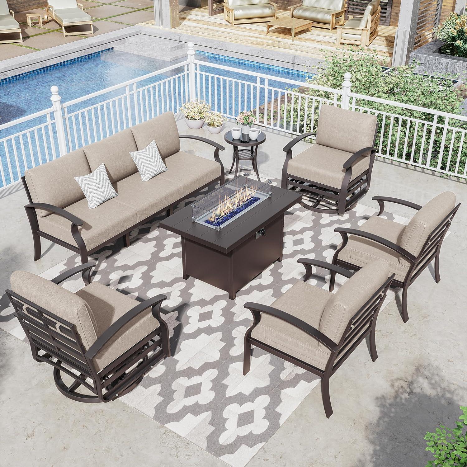 7-Piece Sand Aluminum Patio Set with Fire Pit and Cushions