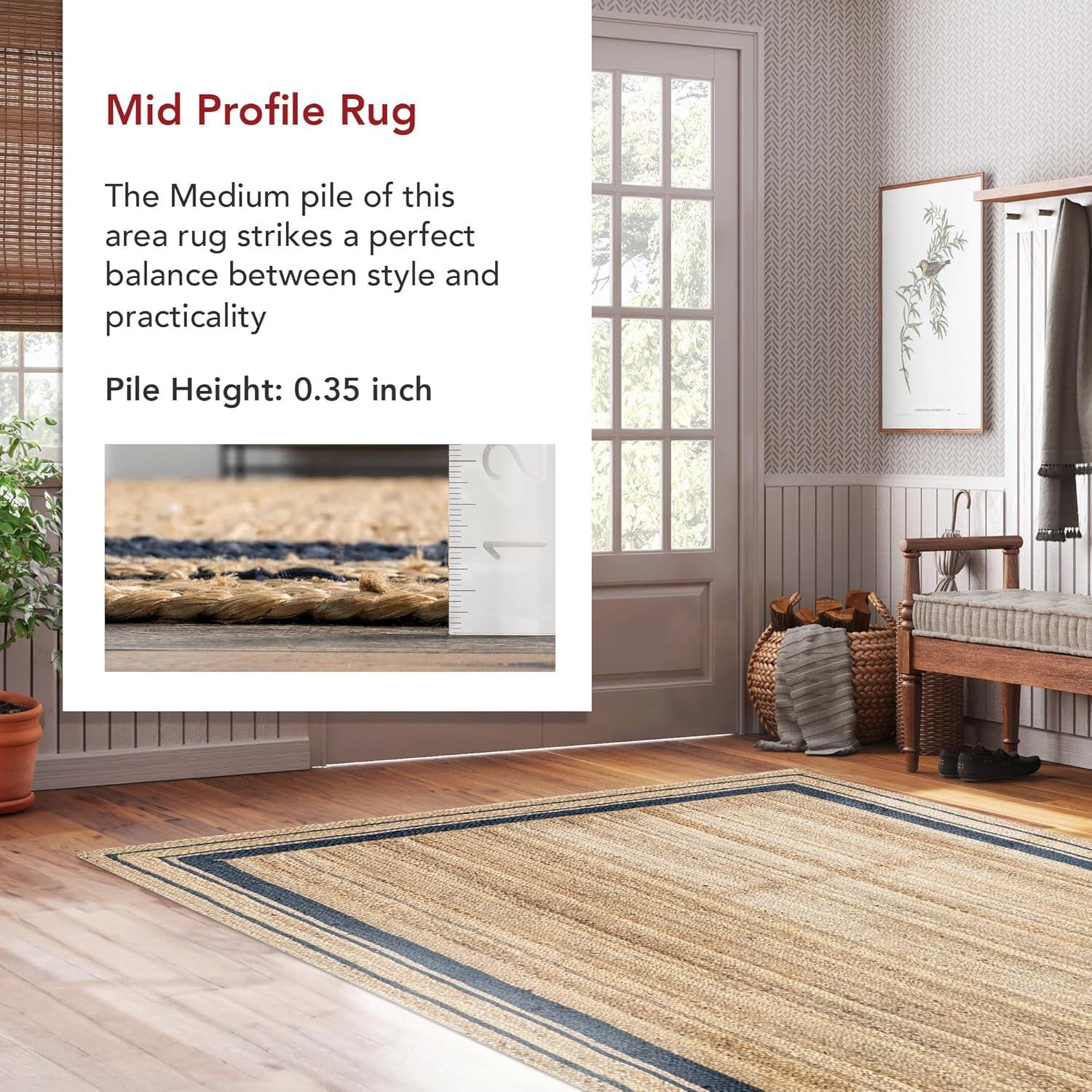 Nuloom Rikki Bordered 4x6 Jute Indoor Area Rug for Dining Room Rug Neutral Rug Living Room Rug Kitchen, Navy/Natural