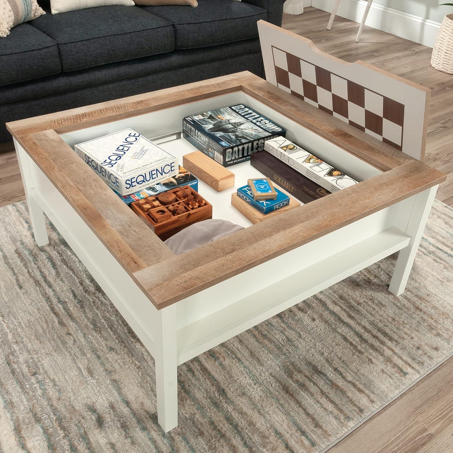 Cottage Road Gaming Coffee Table with Reversible Top Soft White - Sauder: Chess & Checkers, Adjustable Storage Shelf