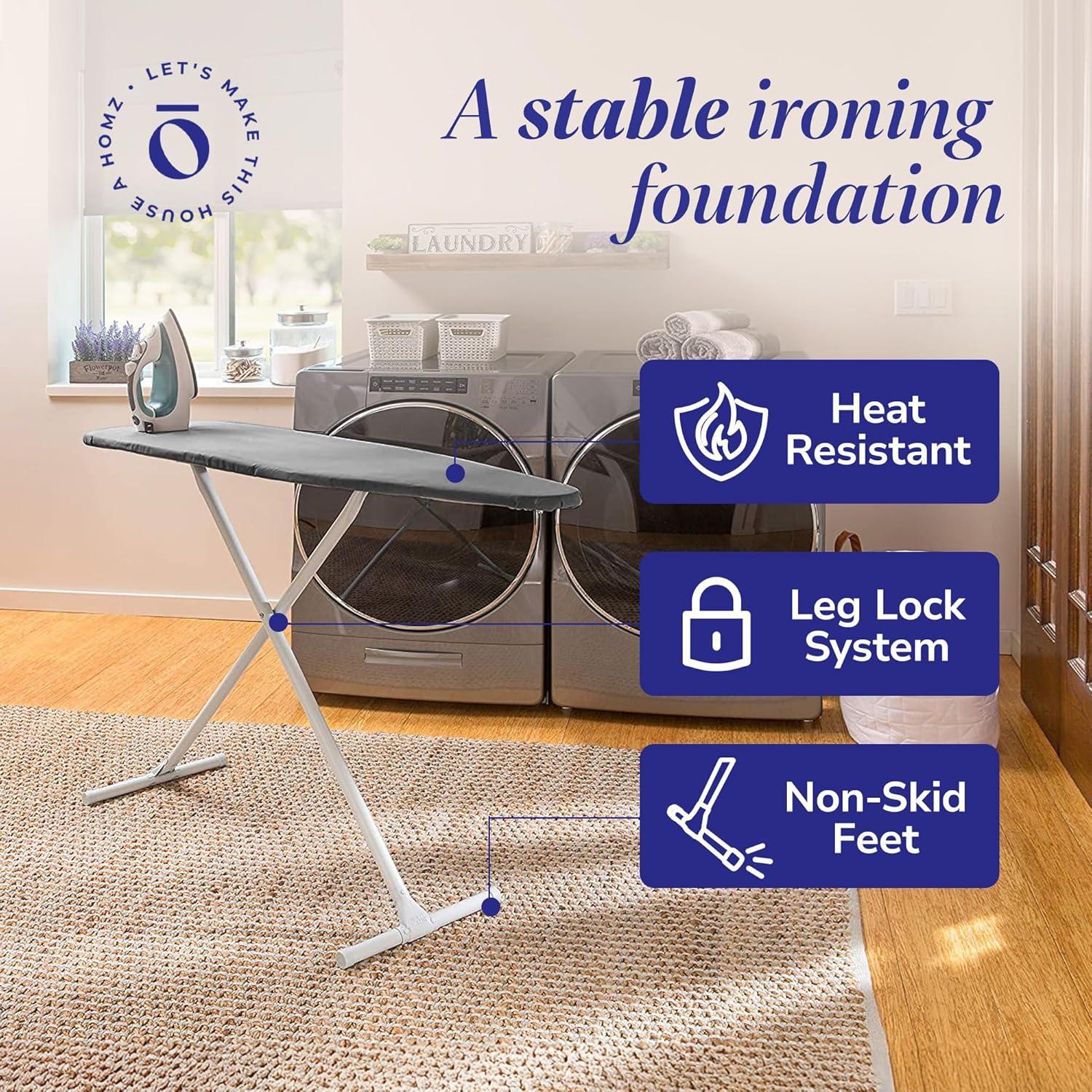 Homz T-Leg Foldable Adjustable Ironing Board w/Pad & Cotton Cover, Gray