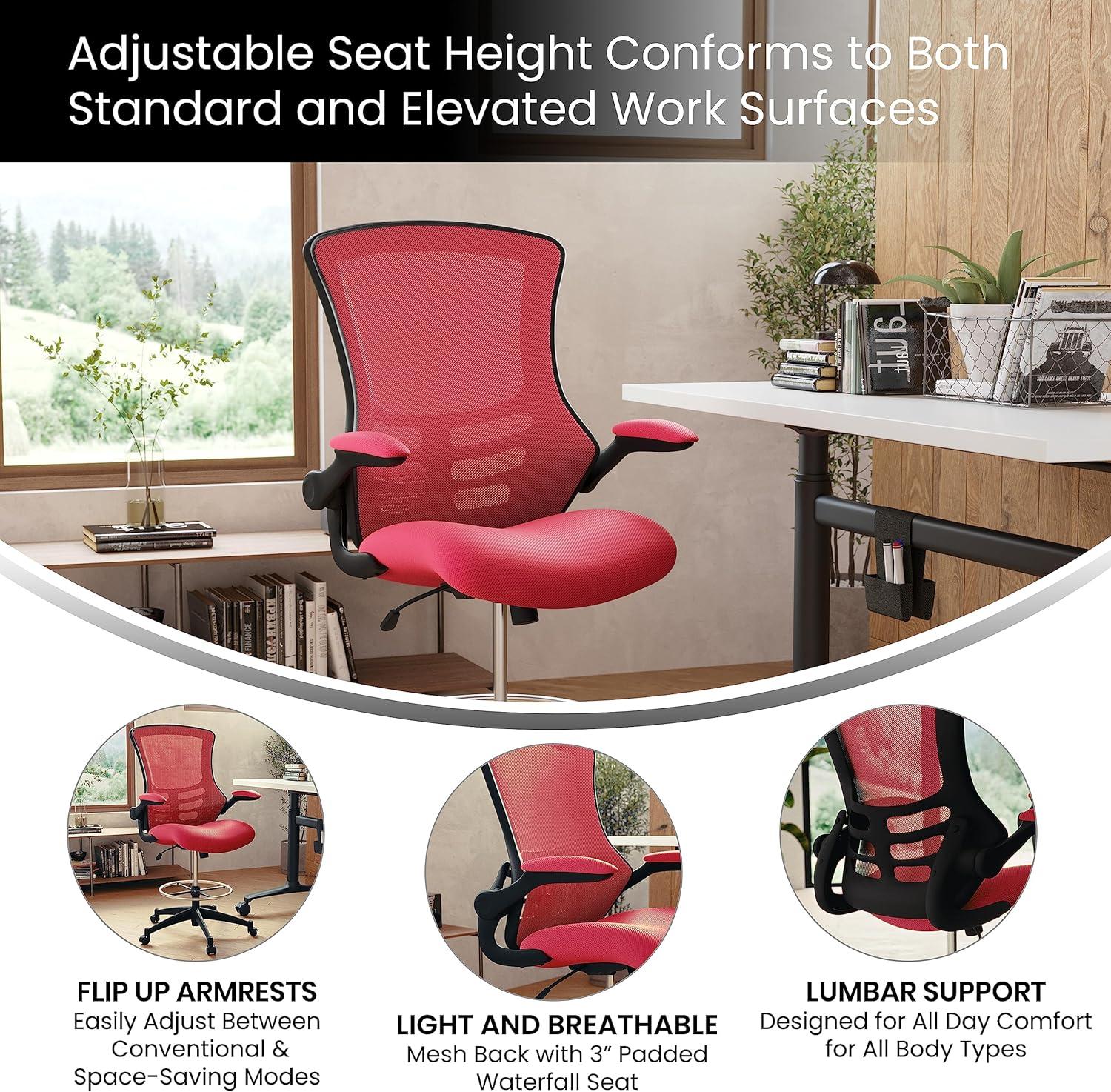 Emma and Oliver Mid-Back Red Mesh Ergonomic Drafting Chair with Foot Ring and Flip-Up Arms