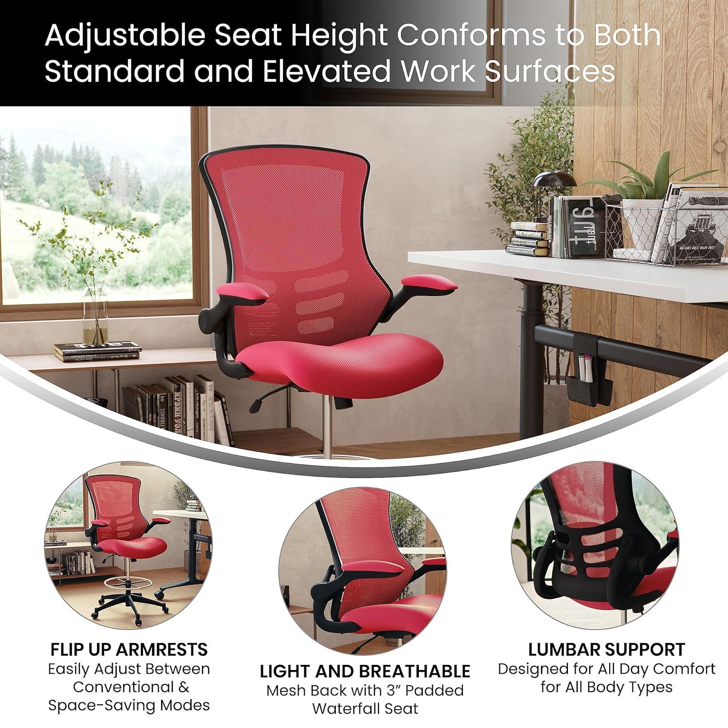Emma and Oliver Mid-Back Red Mesh Ergonomic Drafting Chair with Foot Ring and Flip-Up Arms