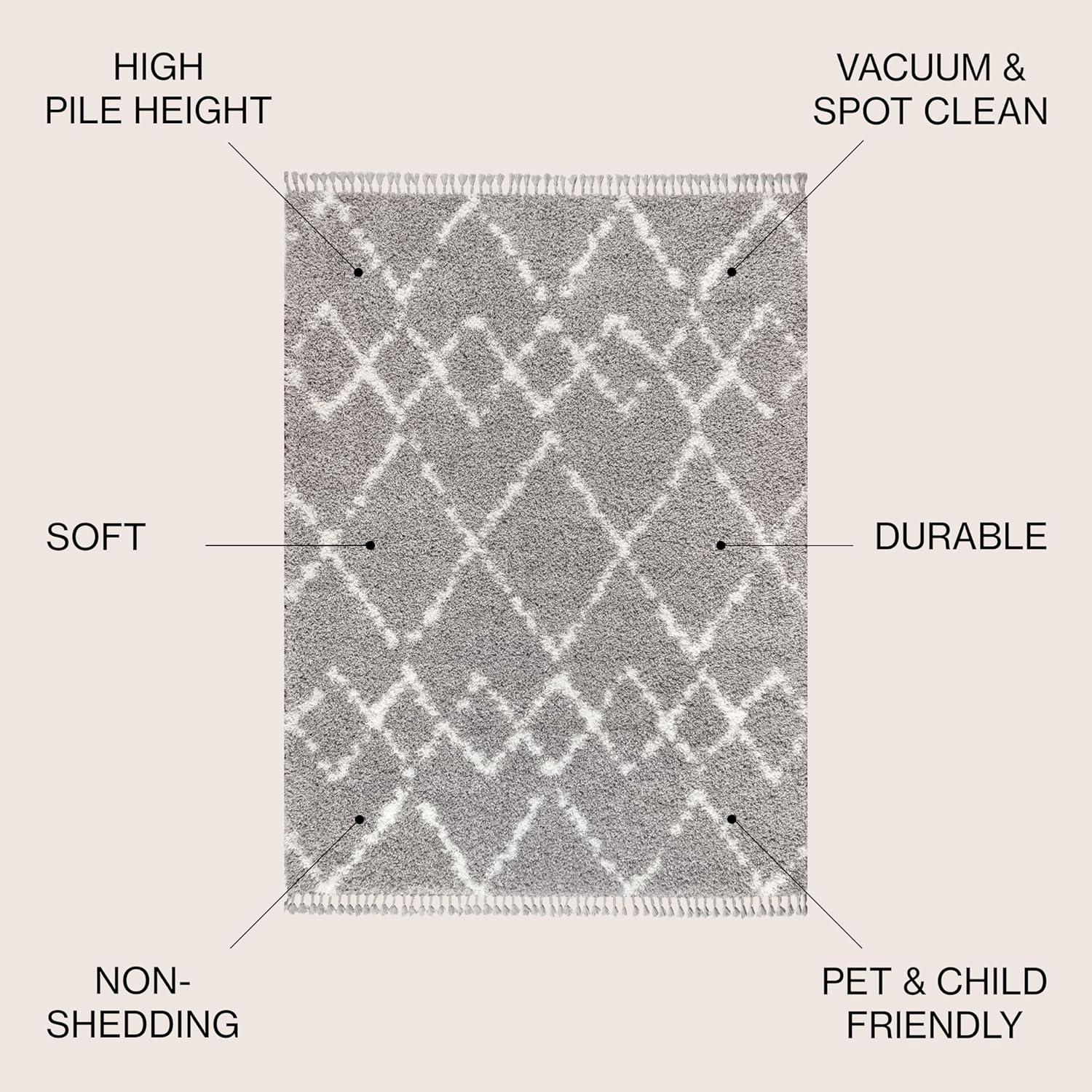 3'x5' Mercer Shag Plush Tassel Moroccan Geometric Trellis Area Rug, Grey/Cream - JONATHAN Y