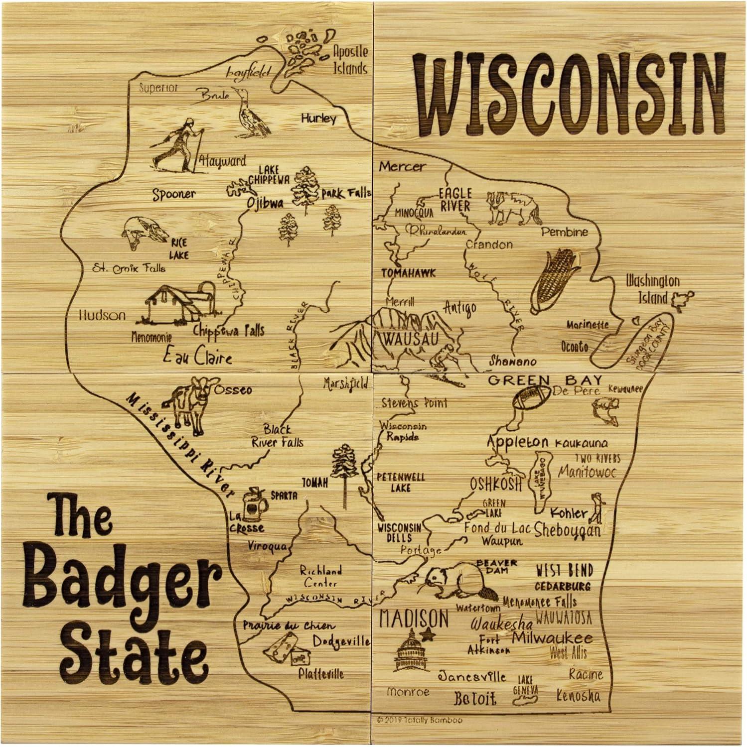 Wisconsin State Bamboo Puzzle Coaster Set with Case