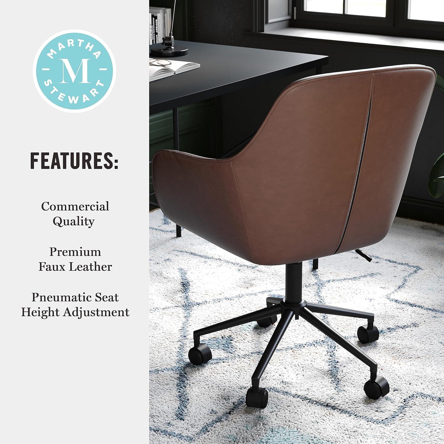 Martha Stewart Rayna Faux Leather Upholstered Swivel Home Office Chair with Flared Arms