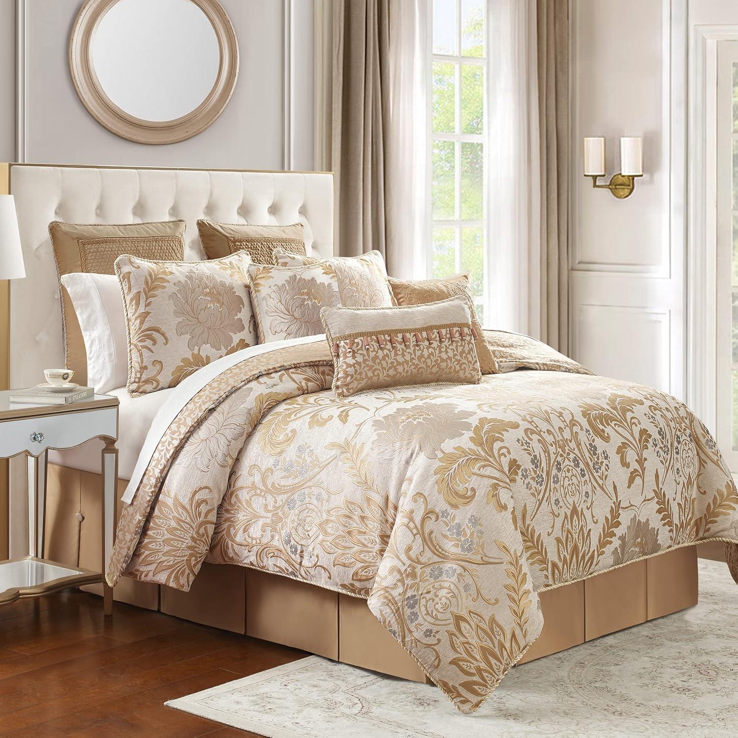 Ivory and Gold Damask Queen Comforter Set with Fringe Trim