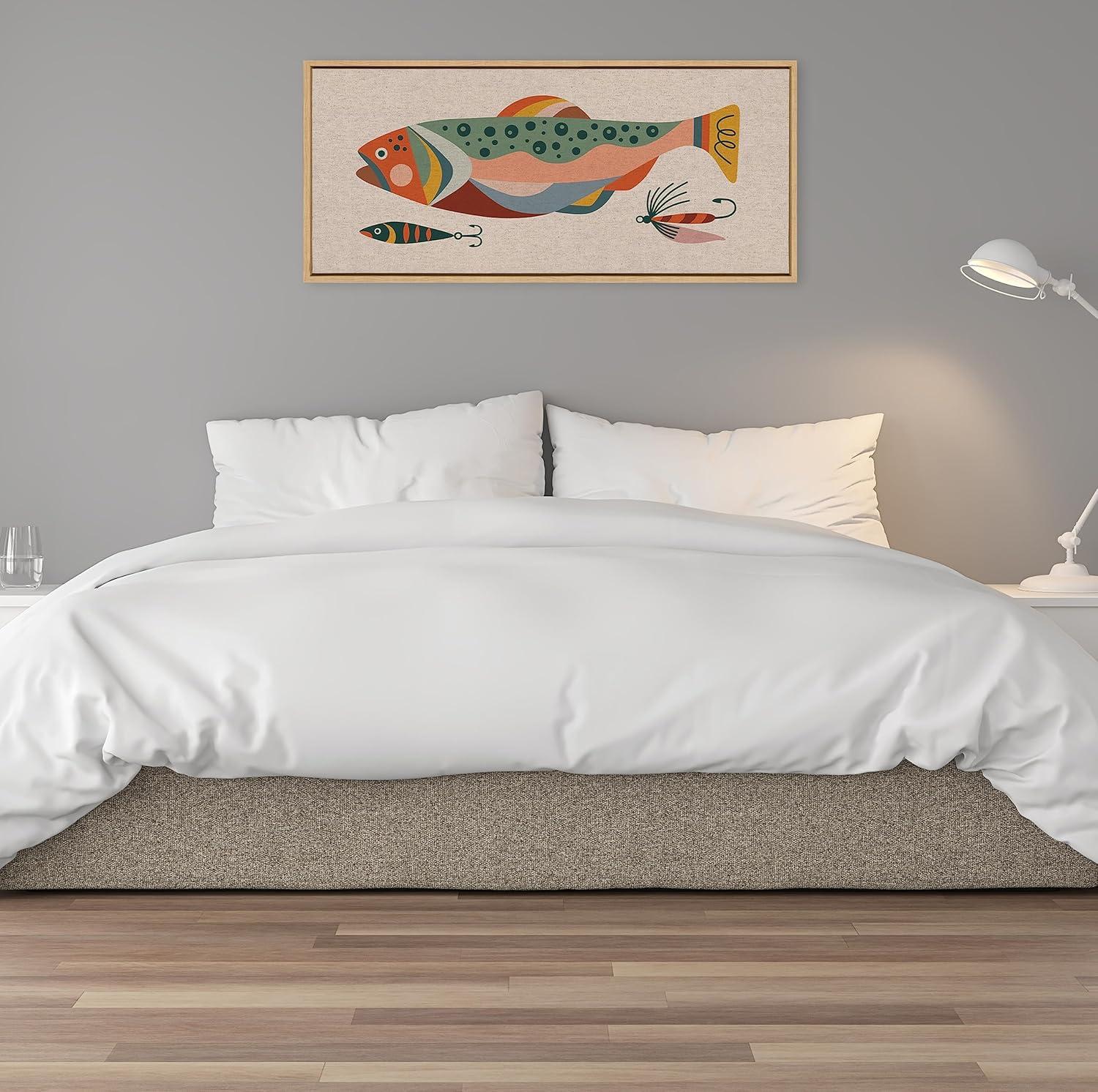 Kate and Laurel Sylvie Gone Fishing Neutral Linen Texture Framed Canvas Wall Art by Rachel Lee of My Dream Wall, 18x40 Natural, Bright Colorful Fish Art Print for Wall Decor