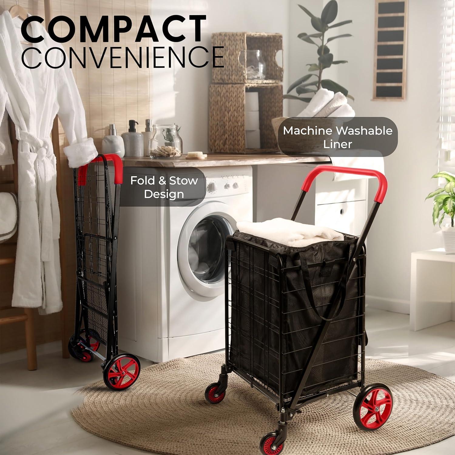 SereneLife Heavy Duty Foldable Shopping Cart with Removable Cart Liner - Red