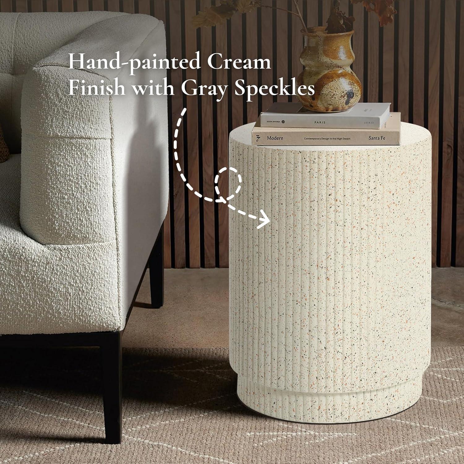 LuxenHome Outdoor Side Table, 17" Ivory White Cement Round Patio End Table,Outdoor Coffee Table for Garden Poolside,Accent Side Table