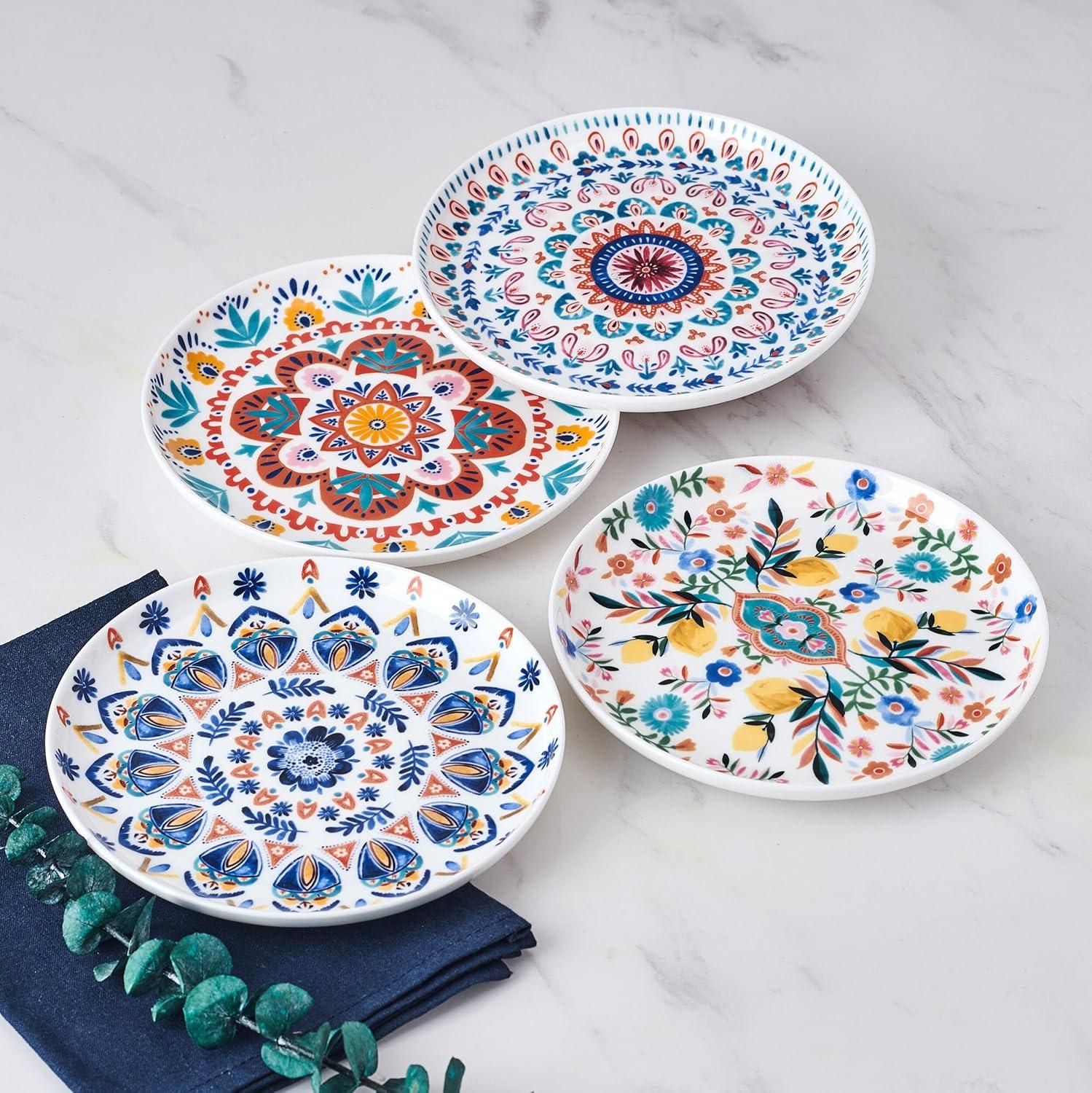 Colorful Medallion Pattern Porcelain Salad Plates, Set of 4