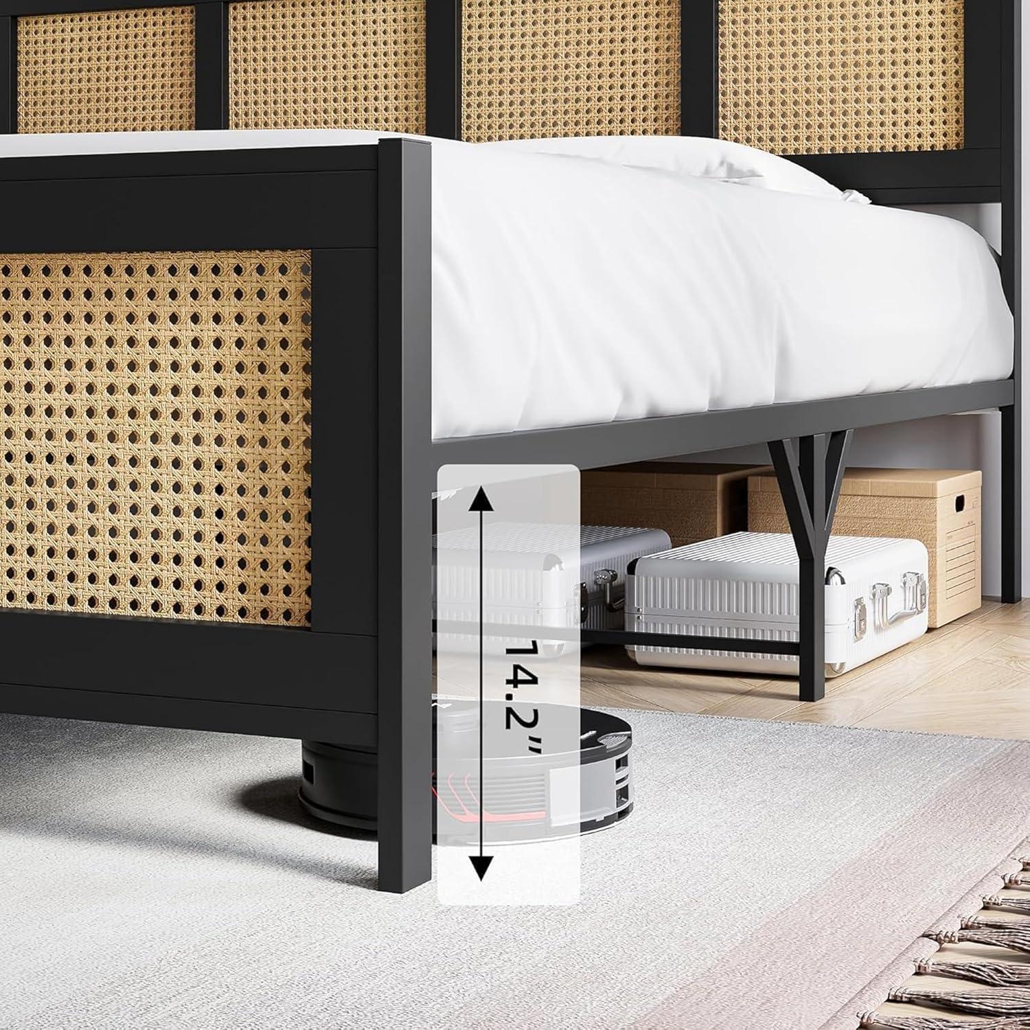Garvee Rattan Bed Frame with Headboard, Full Bed Frame with Strong Metal Slats Support, Noise-Free Design, No Box Spring Needed, Black