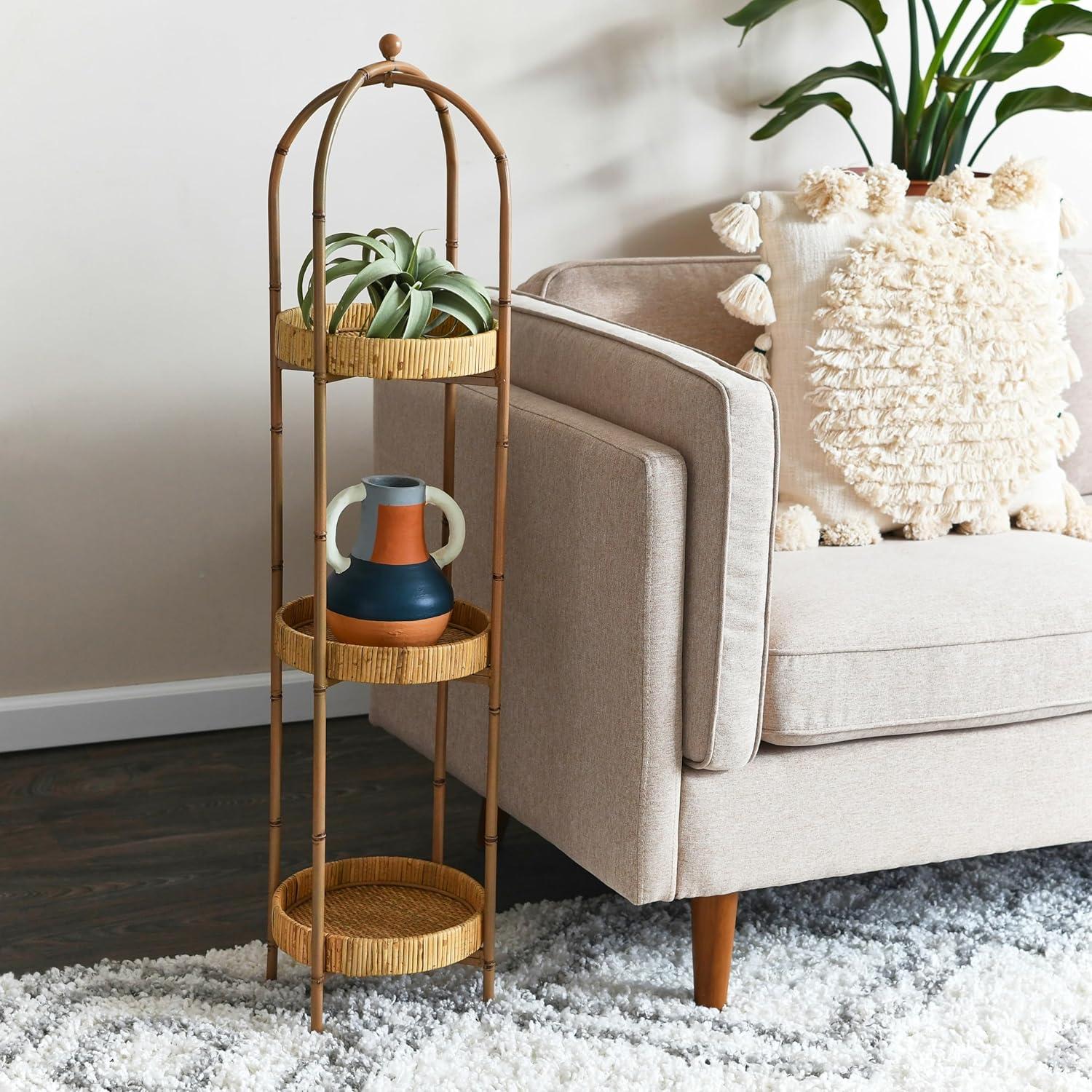 Bamboo-Inspired Metal Shelf with Rattan-Wrapped Trays, Brown