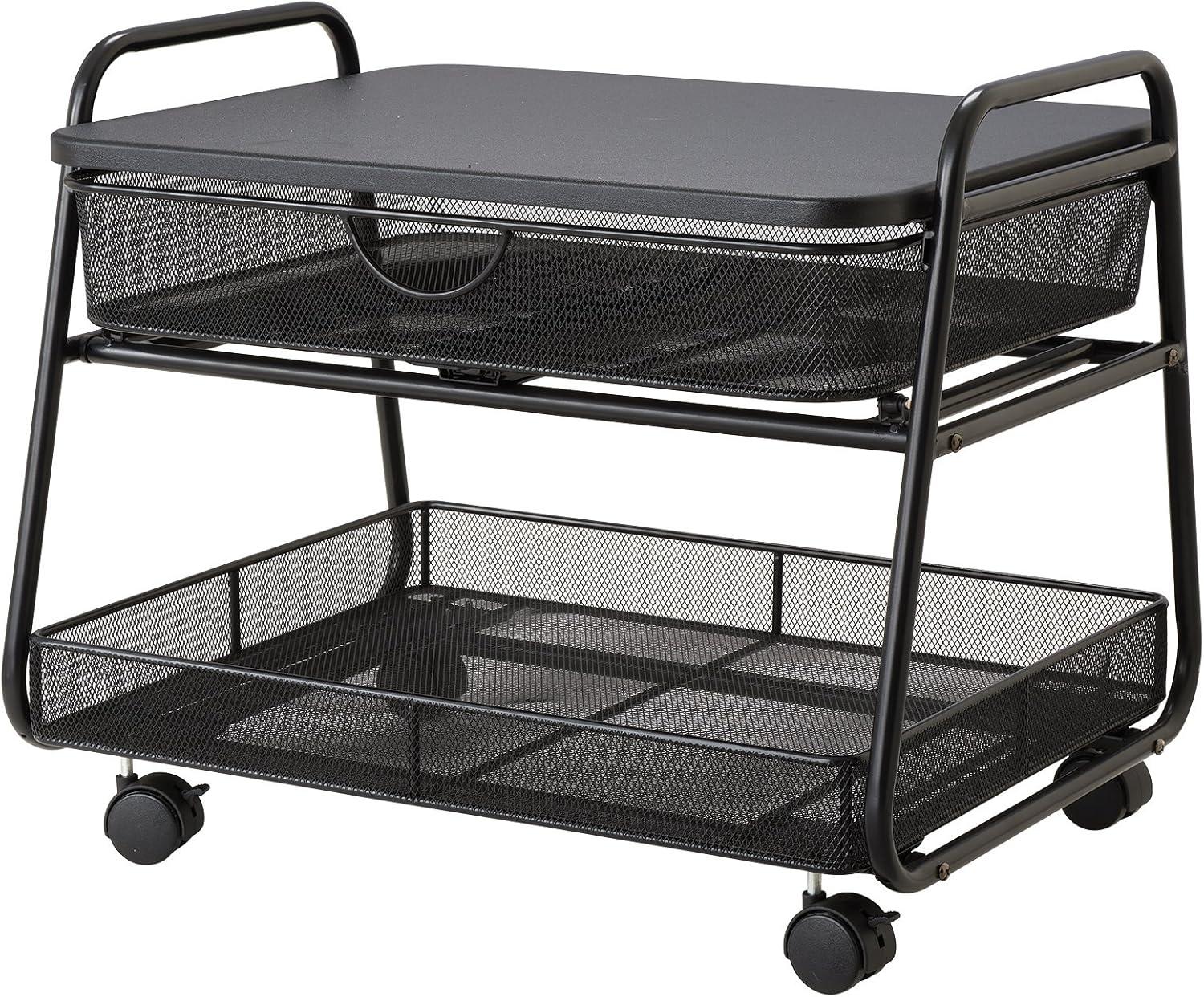 Sleek Black Steel Under-Desk Rolling Stand with Storage Basket & Drawer