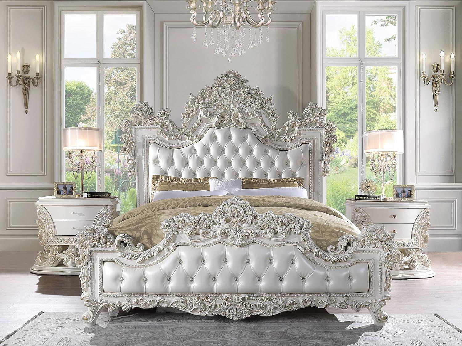 Acme Furniture: 90" Eastern King Bed Adara Bed White Synthetic Leather and Antique White Finish Victorian Style, Tufted Headboard