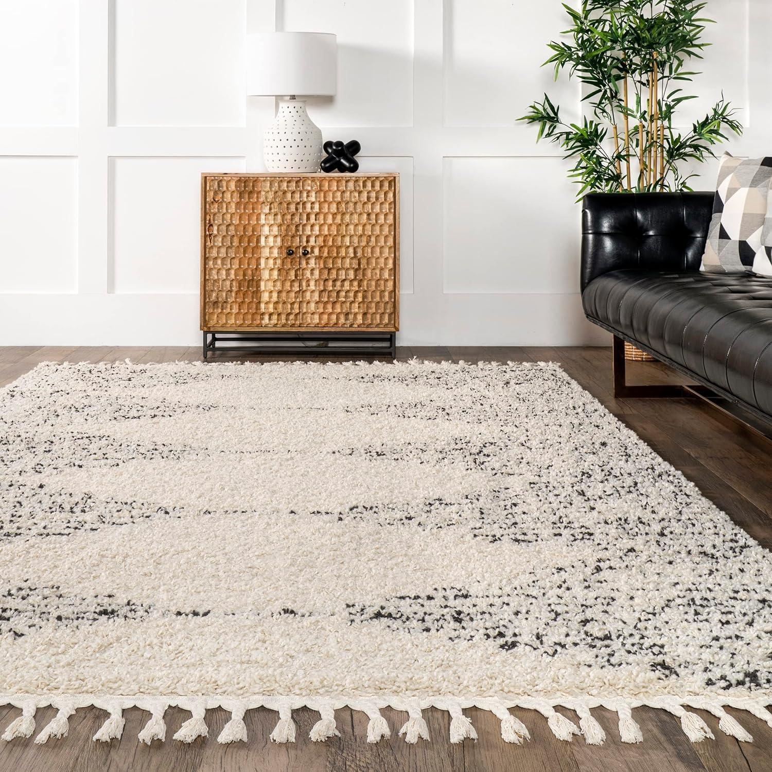 Off-White Synthetic Moroccan Diamond Shag Runner Rug with Braided Tassels