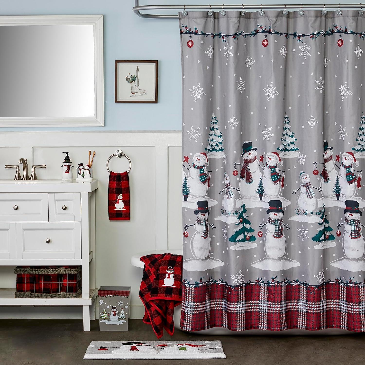 Plaid Snowman Fabric Shower Curtain with Hooks Set