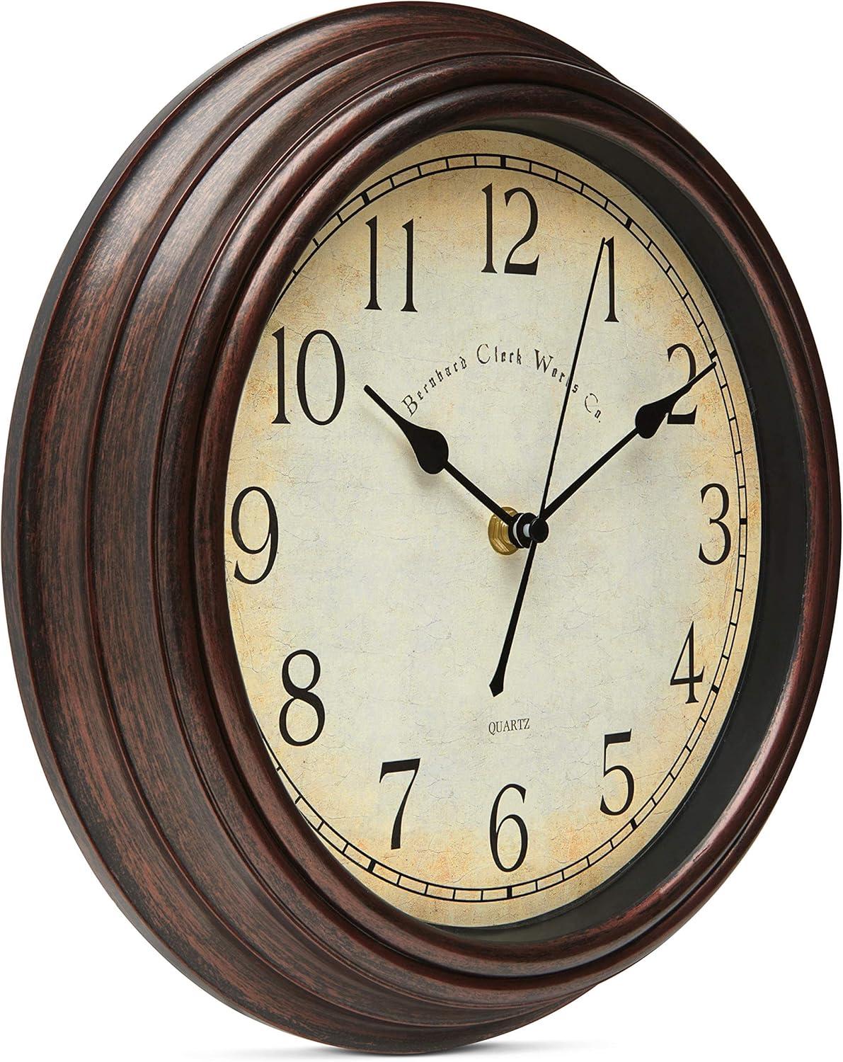 Bernhard Products Vintage Wall Clock Silent Non Ticking - 12 Inch Quality Quartz Battery Operated Decorative Brown Clock for Home Kitchen Living/Dining Room Office Decor, Easy to Read, Rustic Bronze