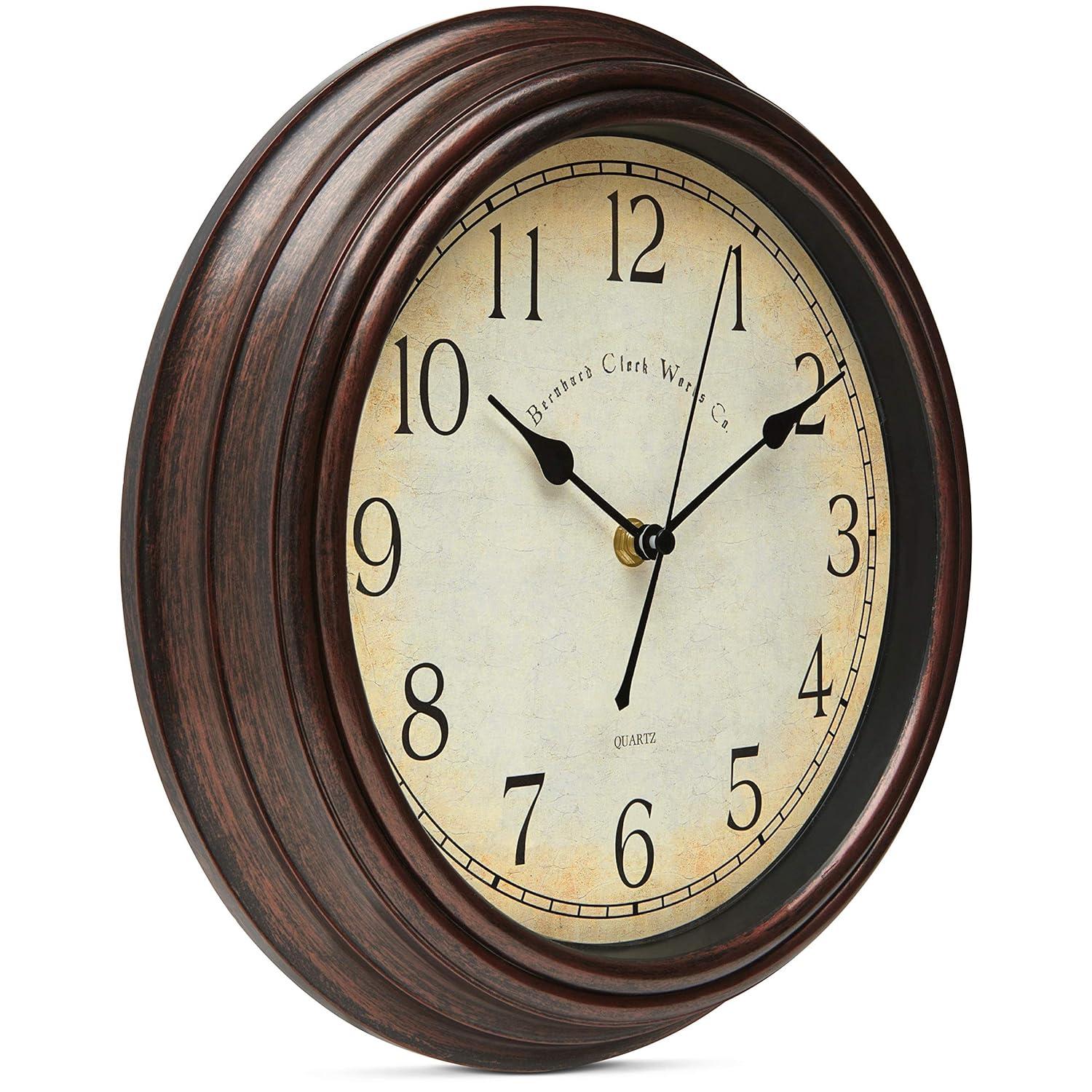Bernhard Products Vintage Wall Clock Silent Non Ticking - 12 Inch Quality Quartz Battery Operated Decorative Brown Clock for Home Kitchen Living/Dining Room Office Decor, Easy to Read, Rustic Bronze