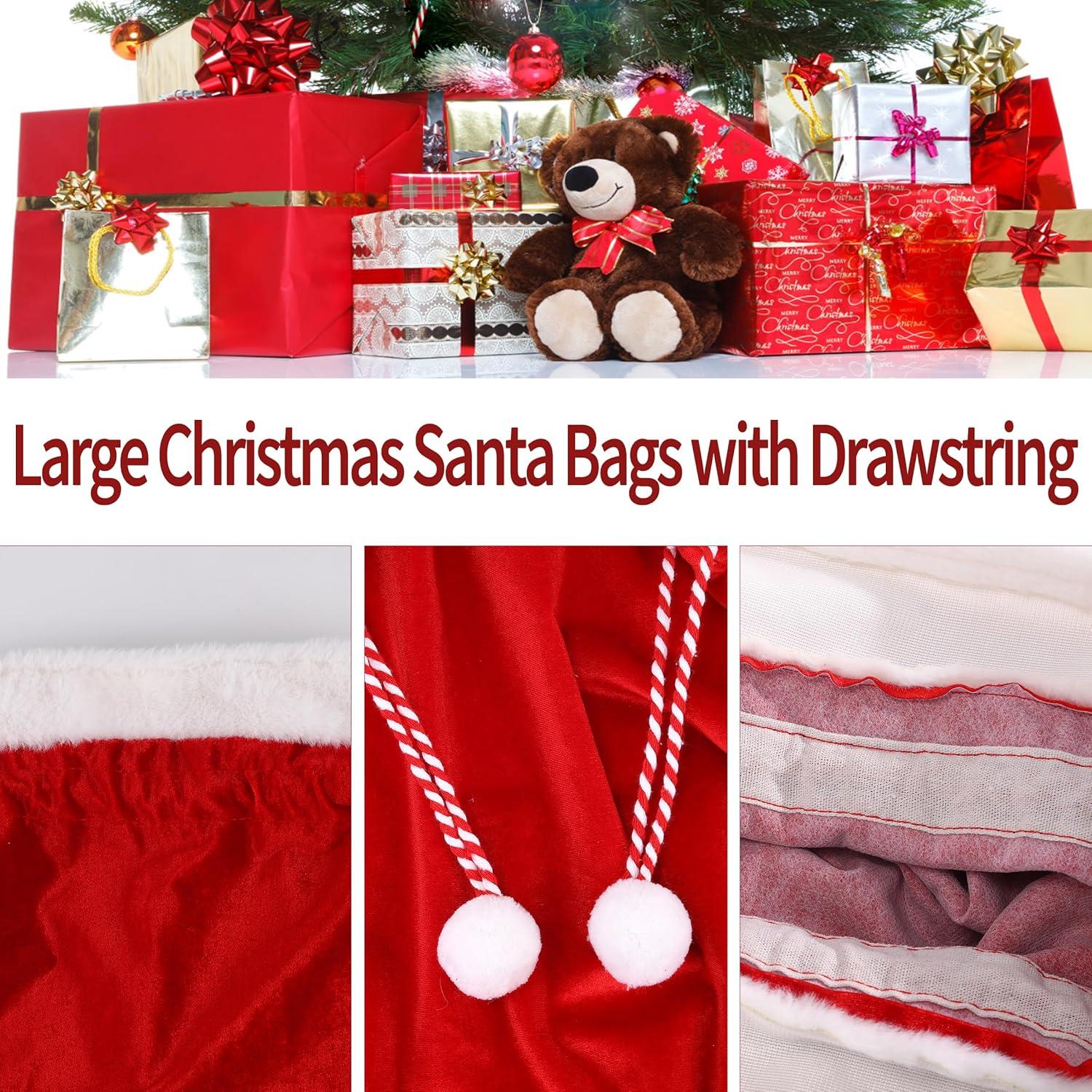 2 Pcs Christmas Velvet Bags with Drawstring Large Plush Santa Sack Christmas Gift Bags in 2 Size for Xmas Package Storage Bags