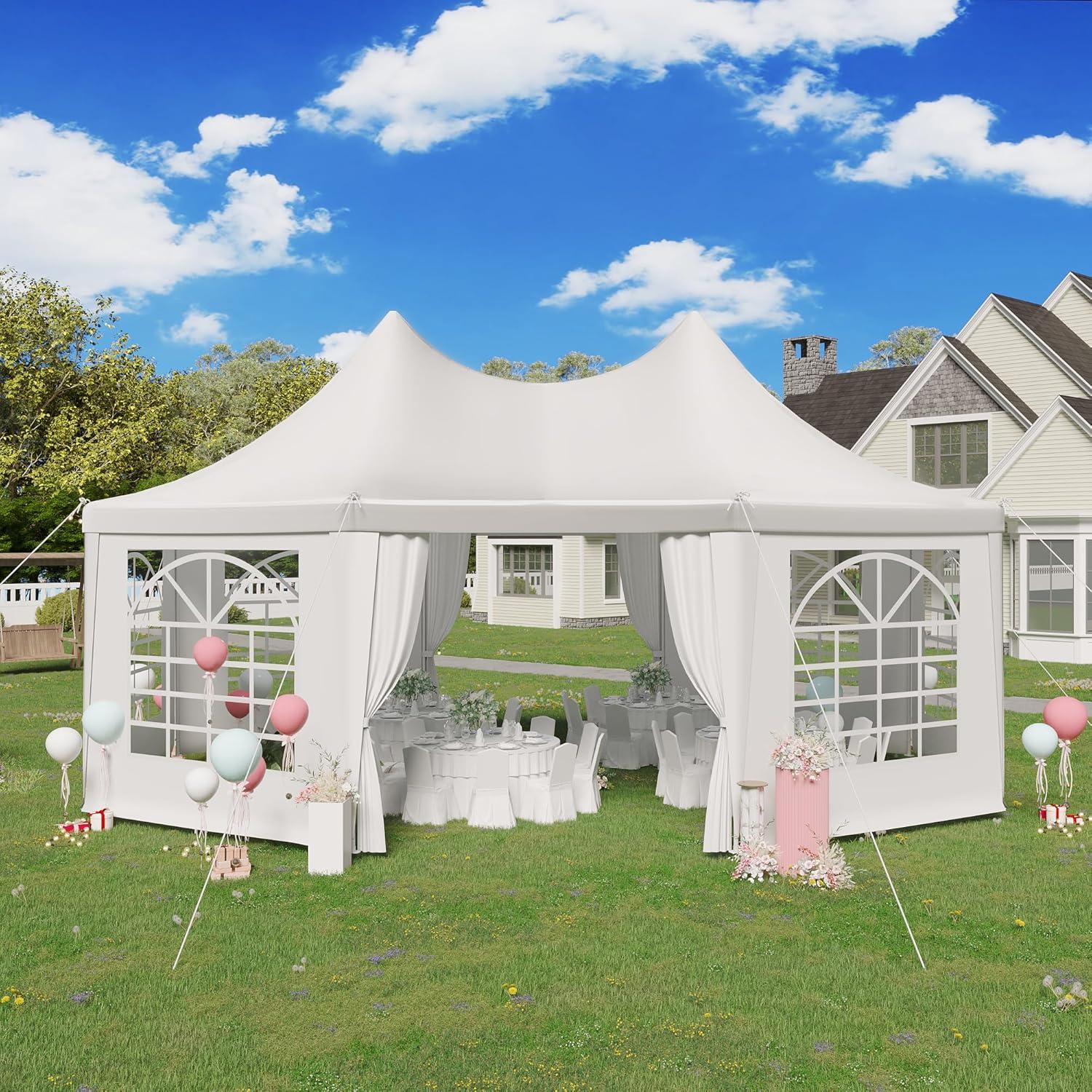 White Hexagonal Party Tent with Peaked Canopy and Removable Sidewalls