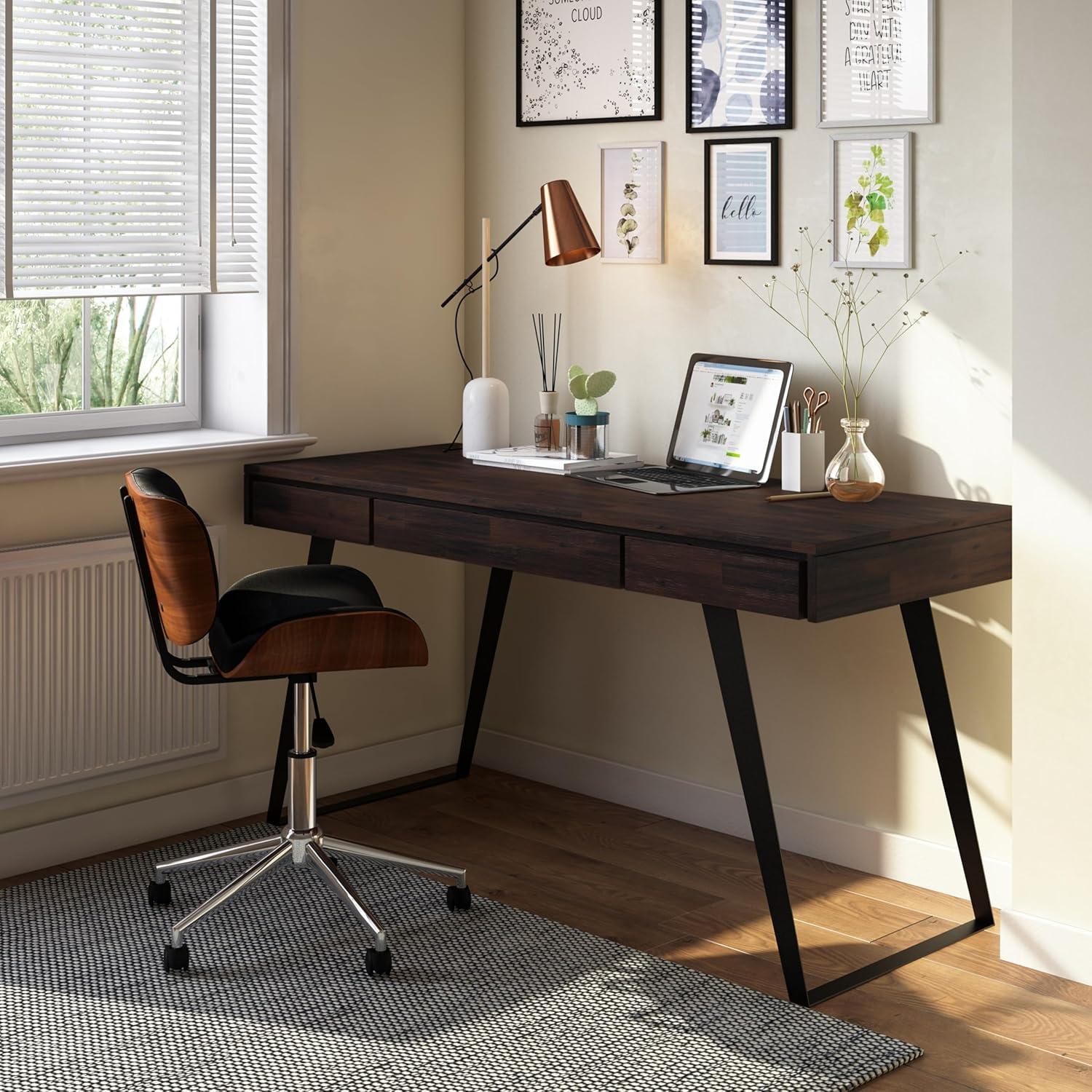 Simpli Home Lowry Solid Acacia Wood Desk In Distressed Hickory Brown