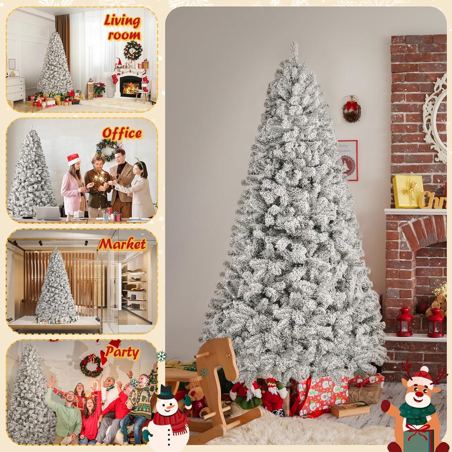 6FT Prelit Christmas Tree with Lights, Snow Flocked Artificial Christmas Tree with 250 Warm White LED Lights, 820 Branch Tips, Indoor Fake Xmas Tree for Home, Office, Party Decoration