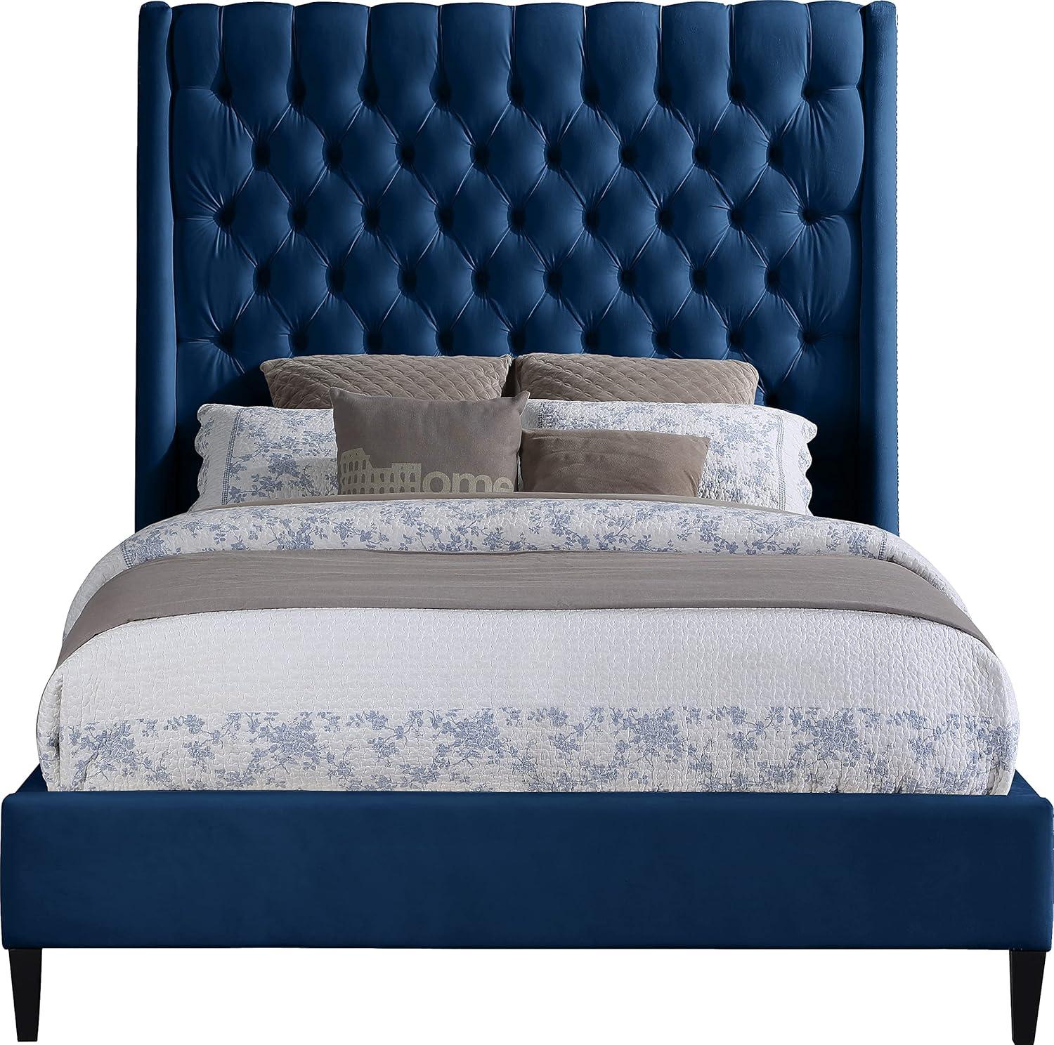 Elegant Navy Velvet Full Bed with Brass Nailhead Trim and Tufted Headboard