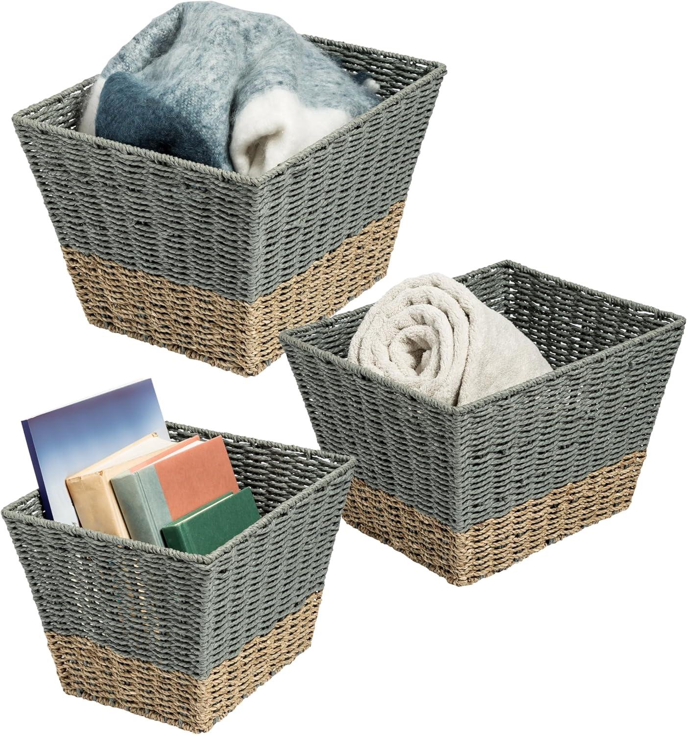 Honey-Can-Do Seagrass Set of 3 Square Nesting Storage Baskets, Natural and Gray