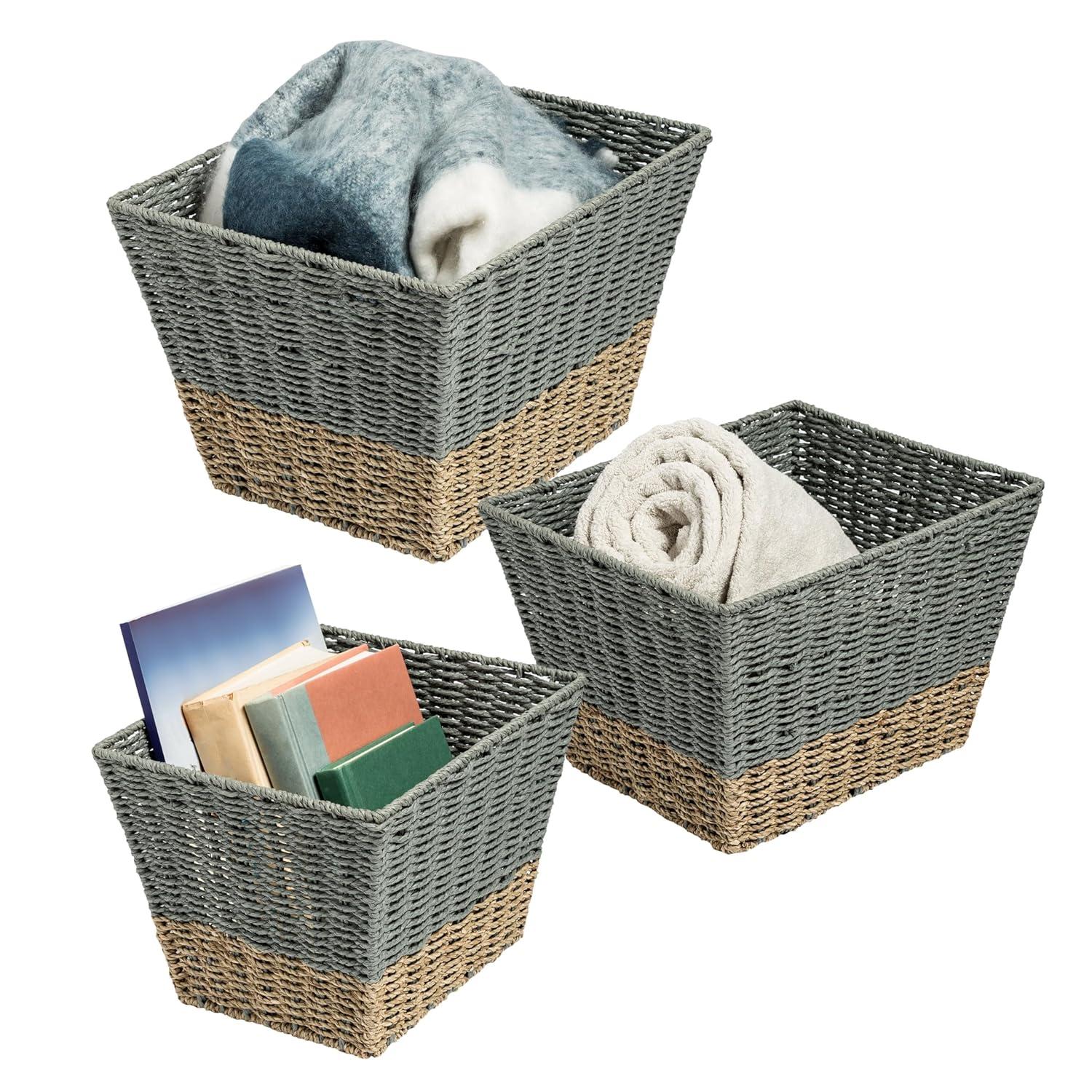 Honey-Can-Do Seagrass Set of 3 Square Nesting Storage Baskets, Natural and Gray