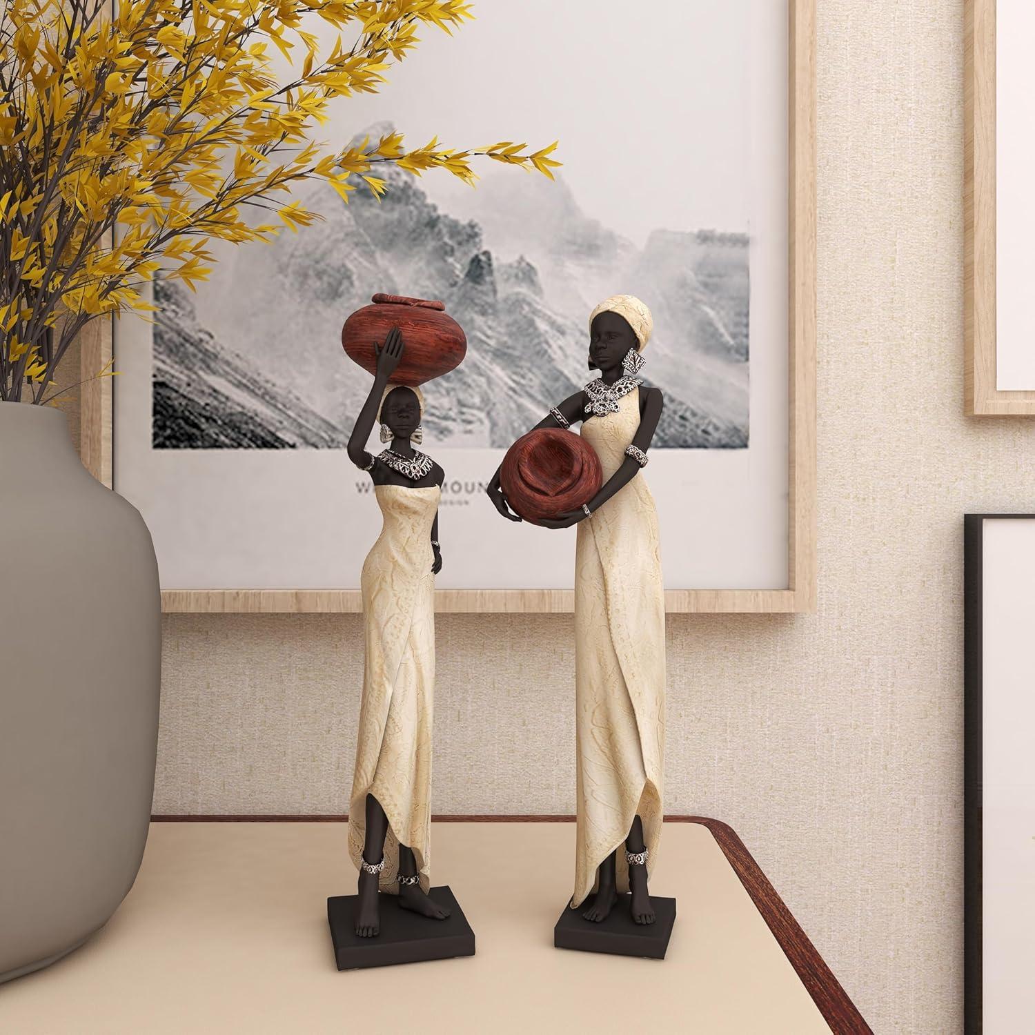 16"H, 4"W Cream Polystone Standing African Woman Sculpture with Red Water Pots and Black Base, by DecMode (2 Count)