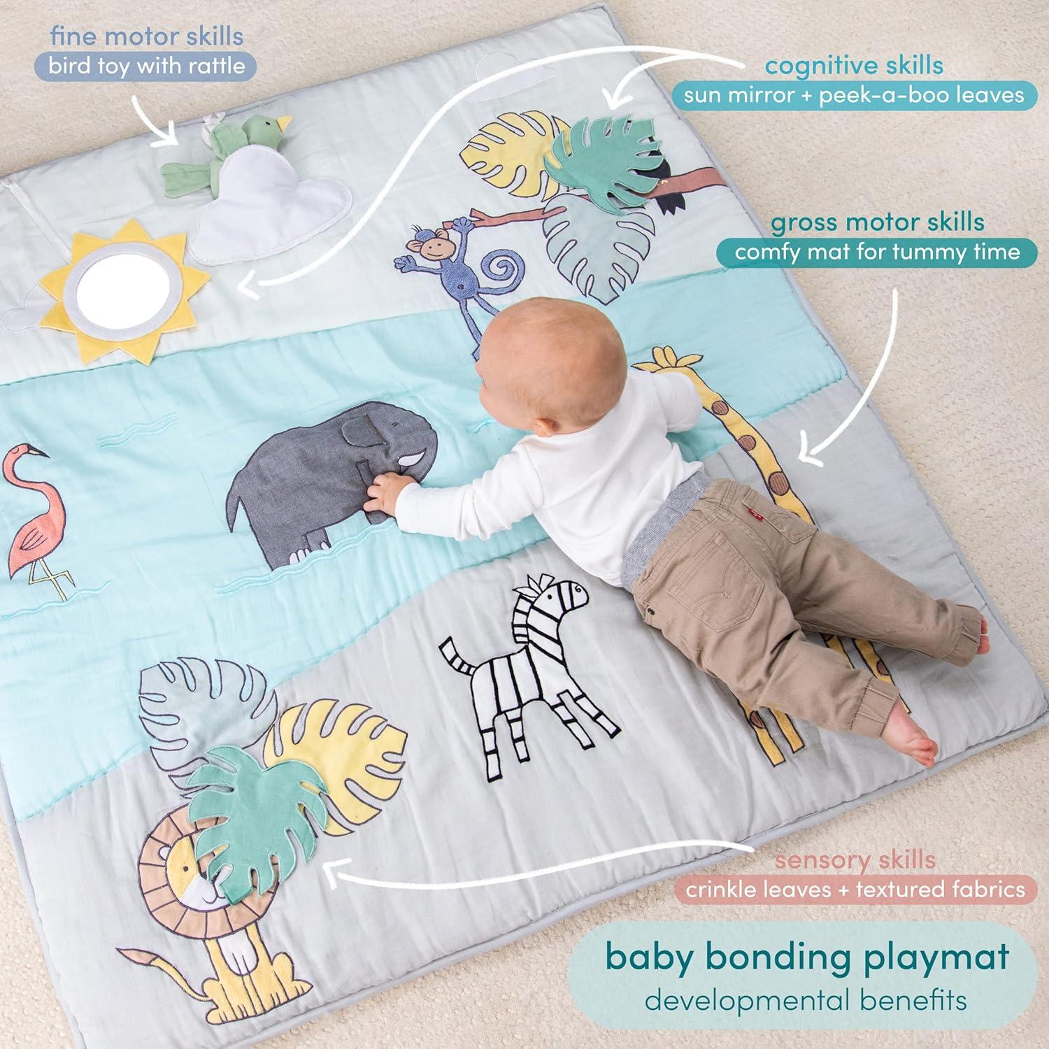 Reversible Cotton Muslin Baby Bonding Playmat with Sensory Toys