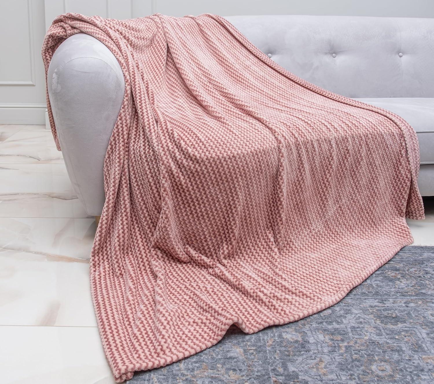 Pink and White Knitted Fleece Throw Blanket, 60" x 80"