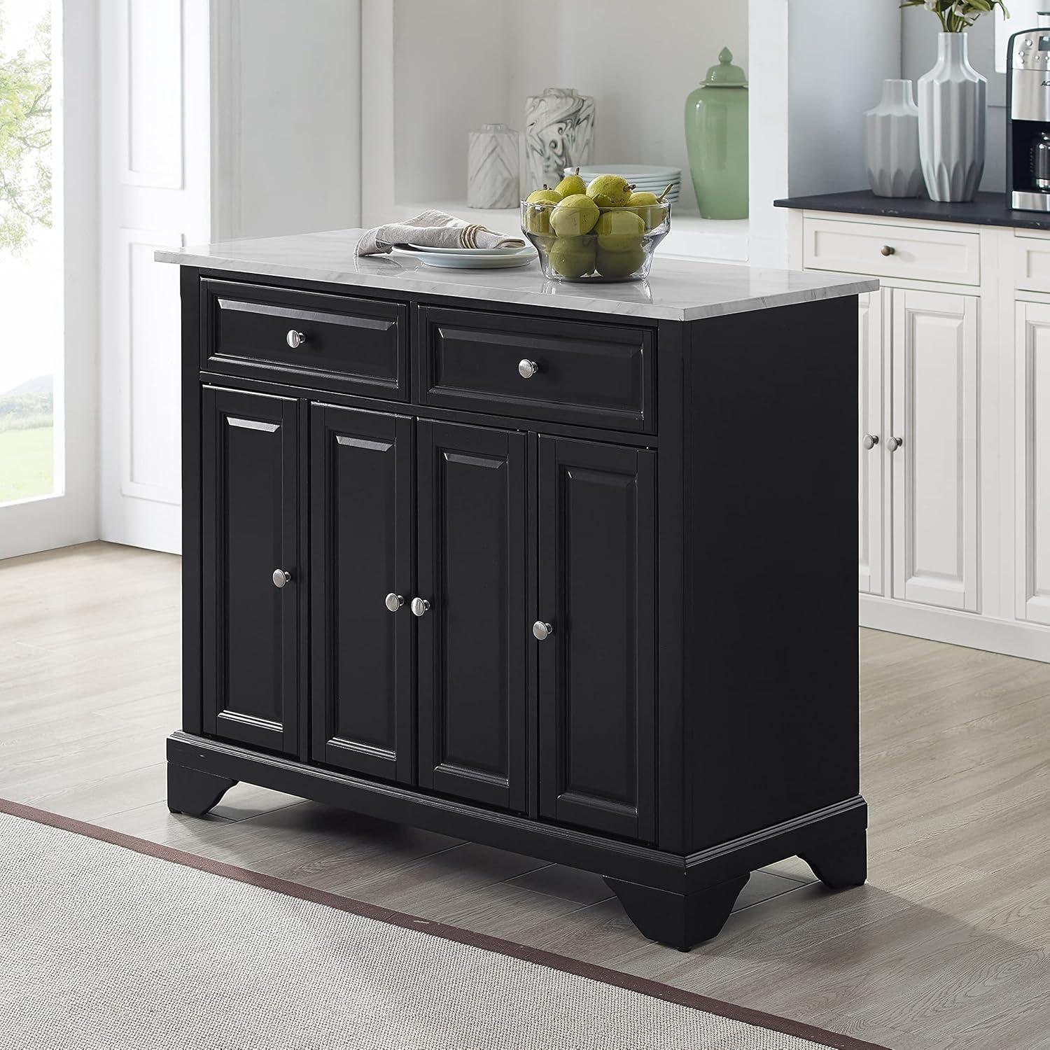 Avery Distressed Black Kitchen Island with Faux-Marble Top