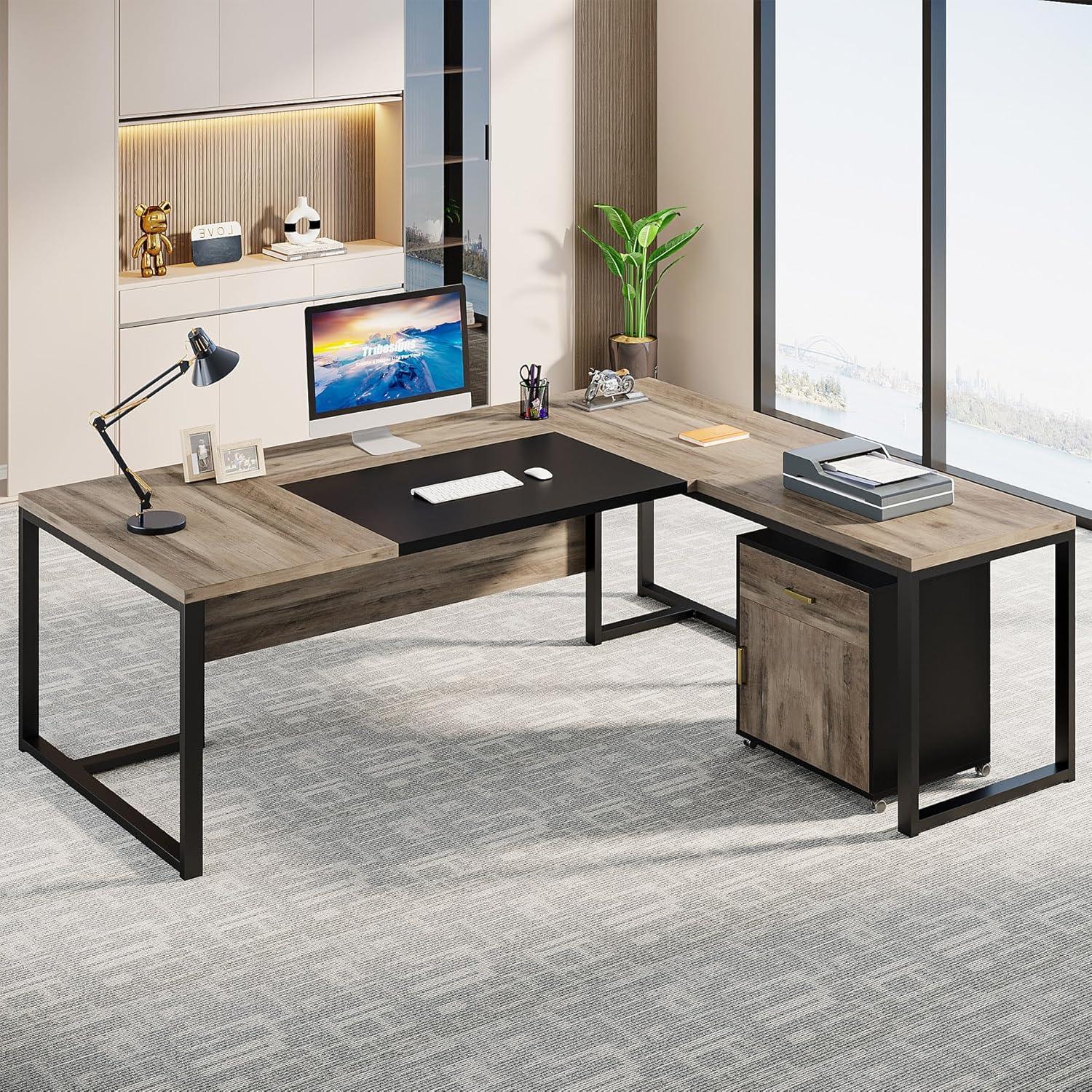 Tribesigns 70.8" Executive Desk with 55" File Cabinet, Industrial L Shaped Computer Desk, Large Executive Desk for Home Office, Walnut & White