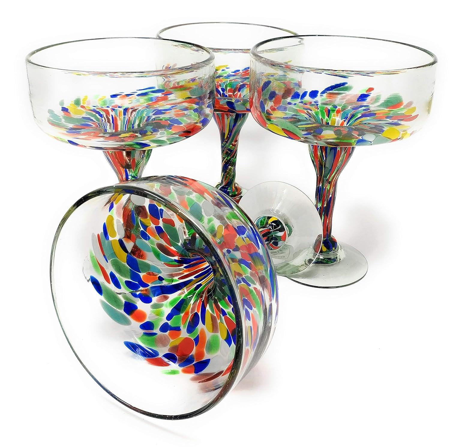 Dos Sueños Mexican Hand Blown Margarita Glasses - Confetti Carmen Design - 16oz - Set of 4