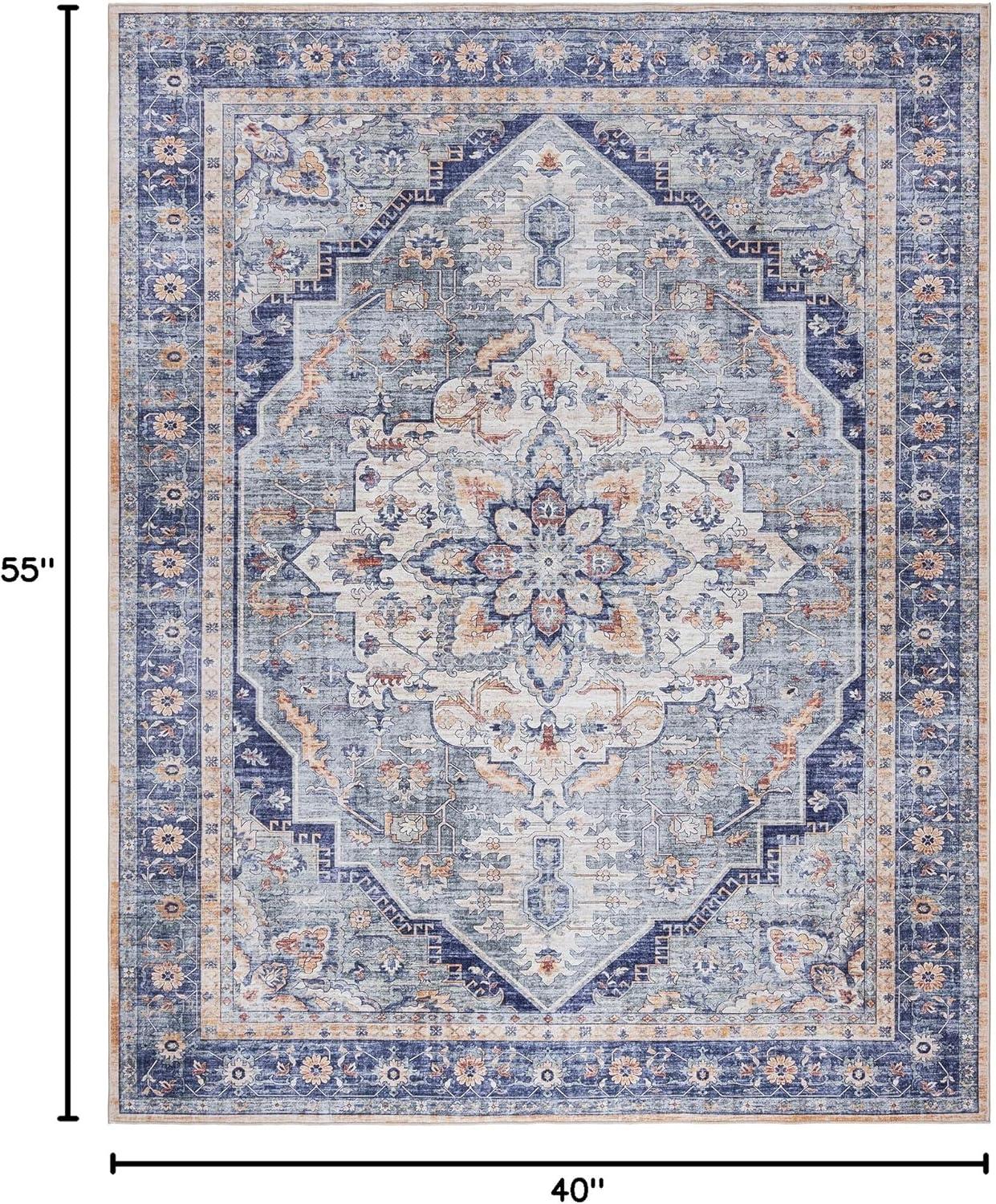 Gertmenian Crystal Print Tiefi Traditional Medallion Navy Blue Ivory Multi Washable Flat Pile Indoor Area Rug