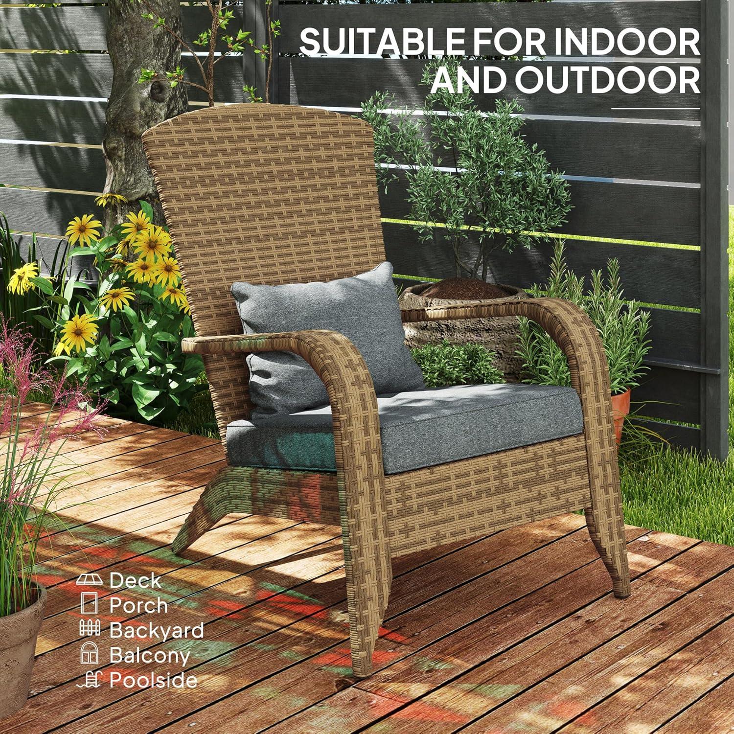 Outsunny Patio Adirondack Chair with All-Weather Rattan Wicker, Soft Cushions, Tall Curved Backrest for Deck or Garden, Light Gray