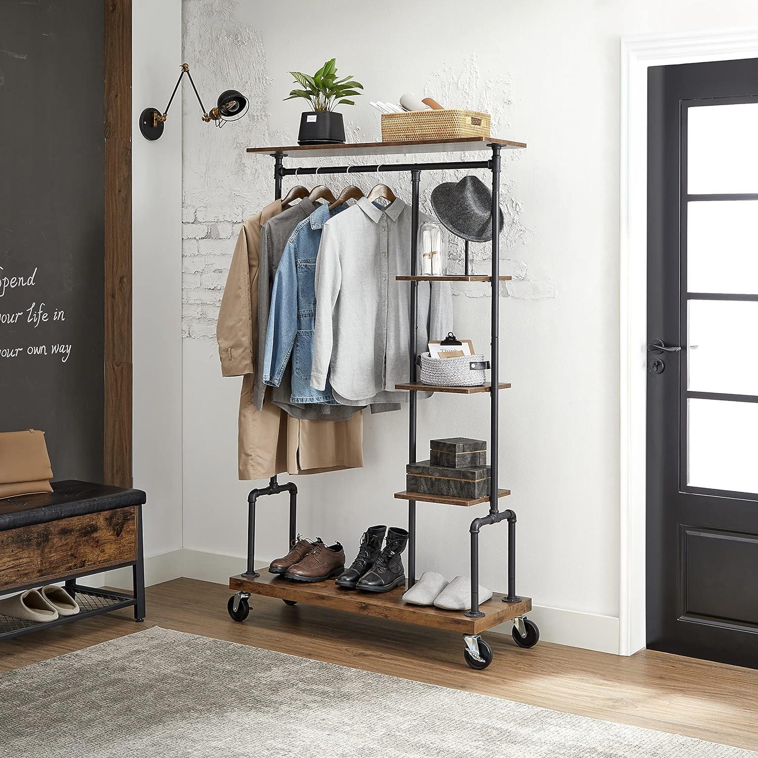 Clothes Rack,Rolling Clothes Organizer with 5-Tier, Industrial Pipe Style, Rustic Brown