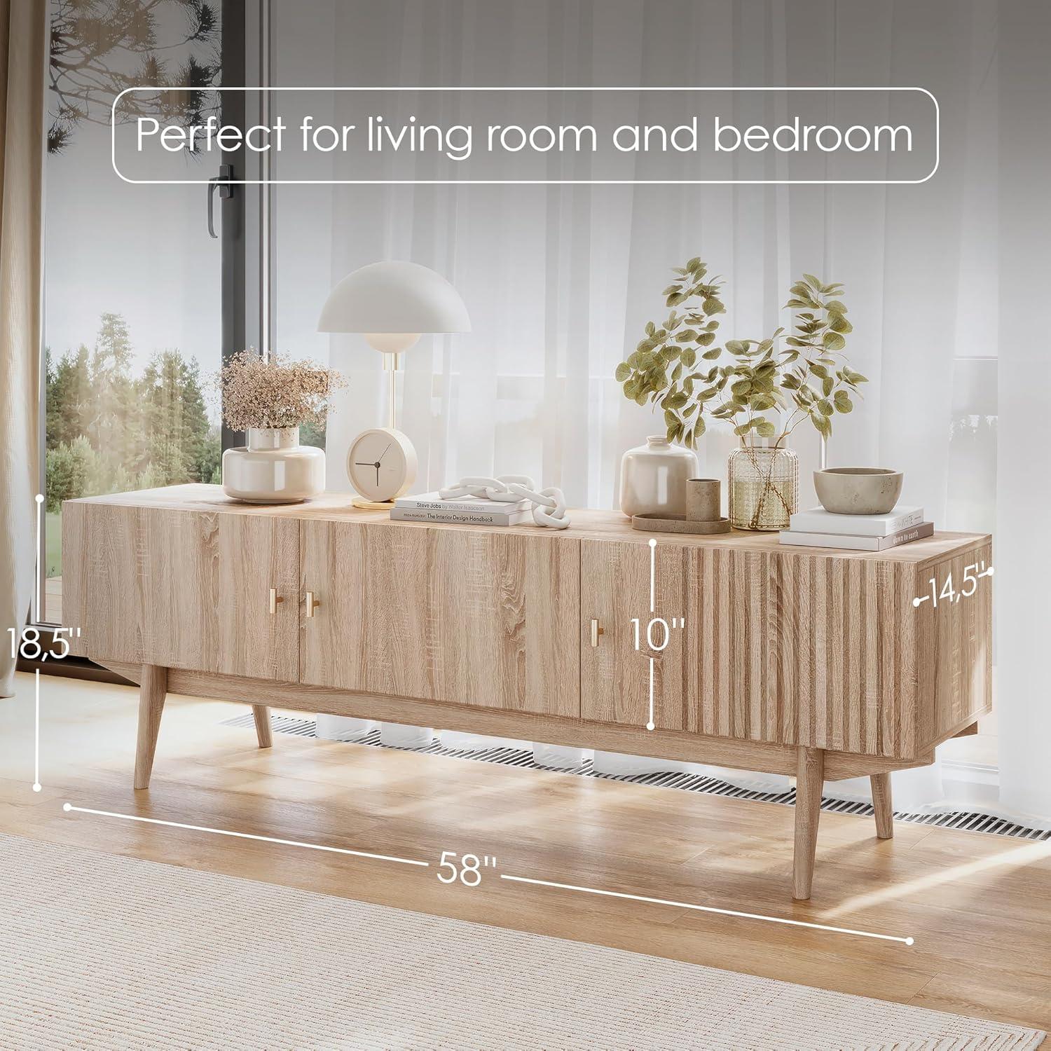 Living Skog  Chelsea Brown TV Stand Fits for TV's up to 65 in. with Slatted Design and Wood Legs Beige Matte Laminate, MDF