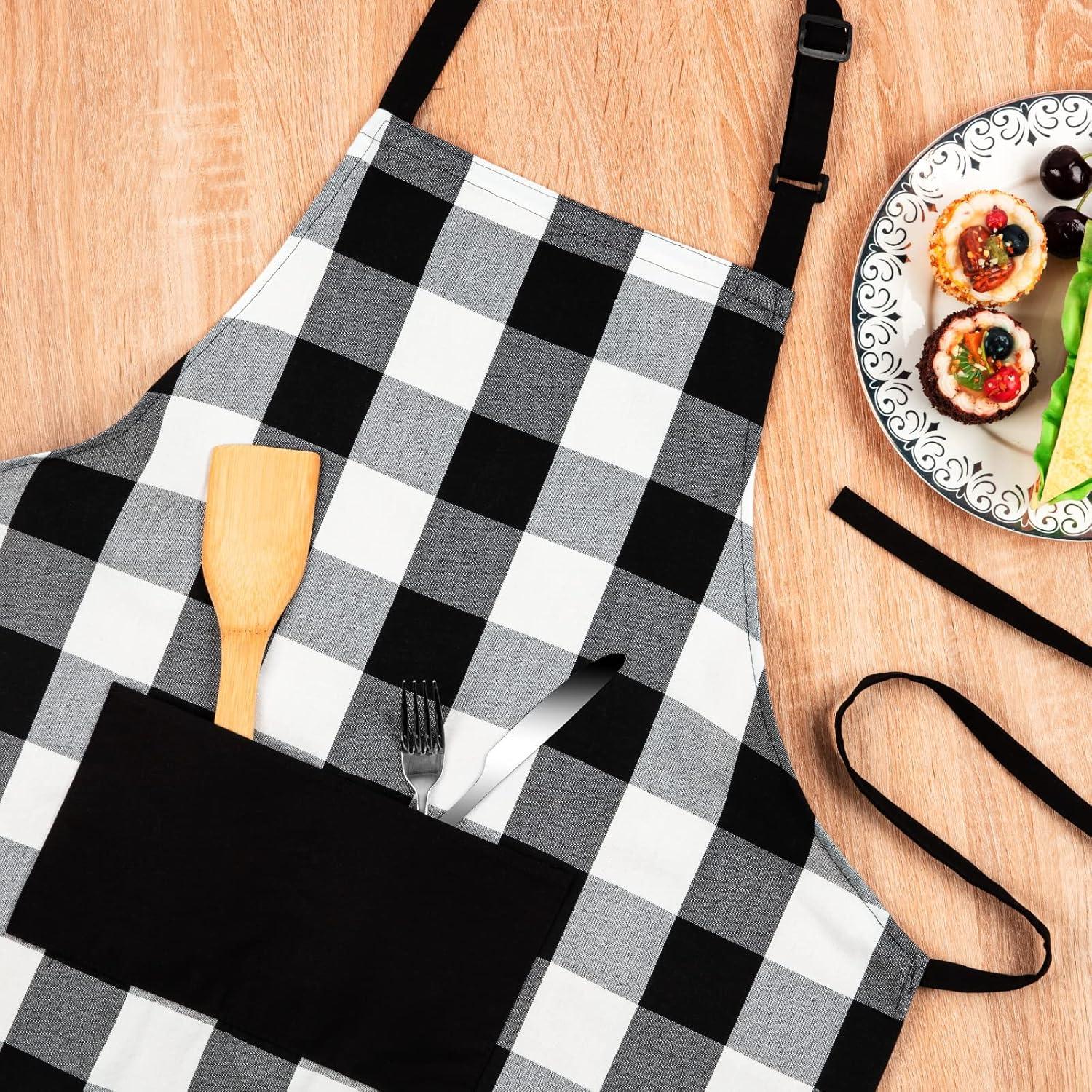 Farmhouse Living Buffalo Check Kitchen Apron with Pocket - 28" x 33" - Black/White - Elrene Home Fashions