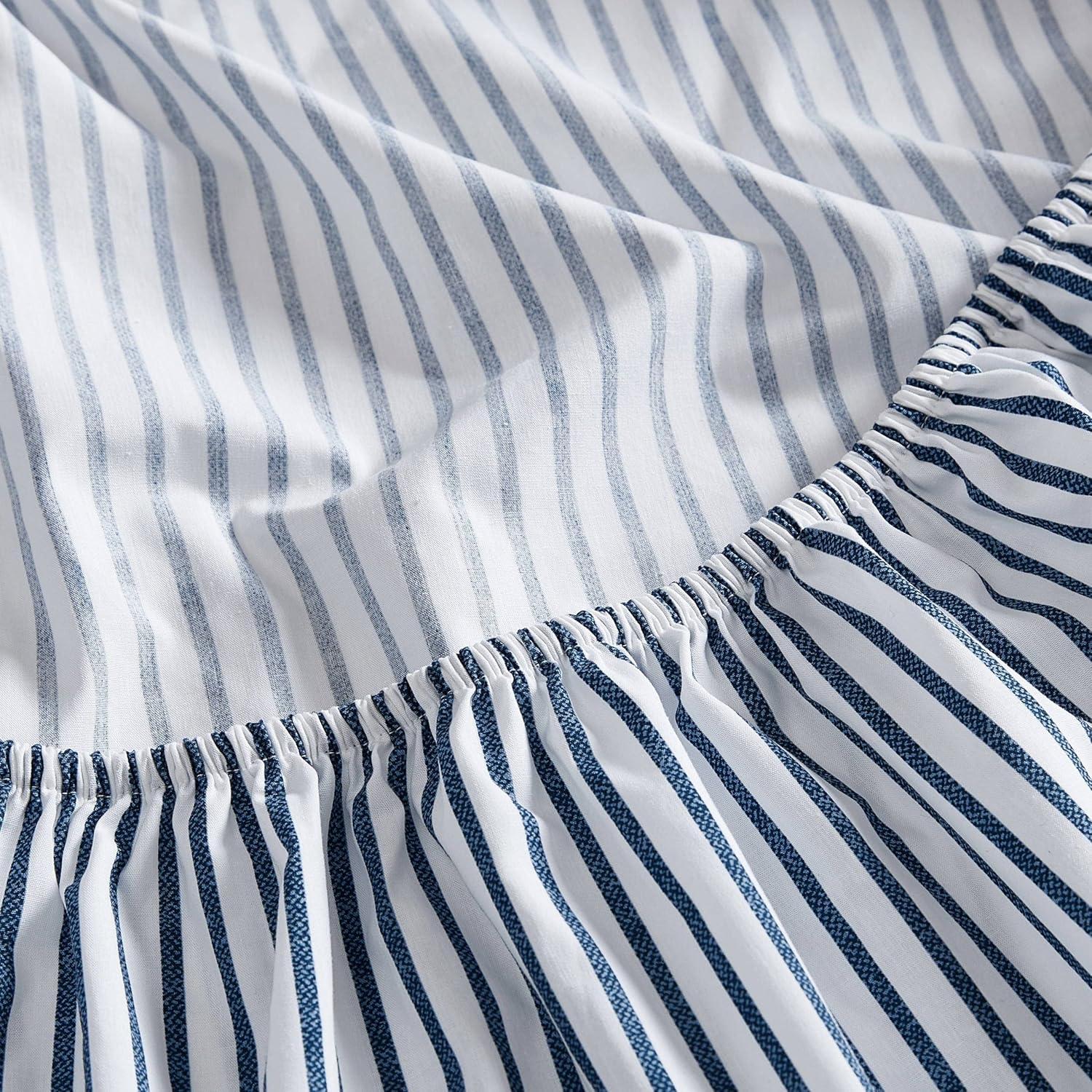 Navy and White Striped Cotton Percale Twin Sheet Set