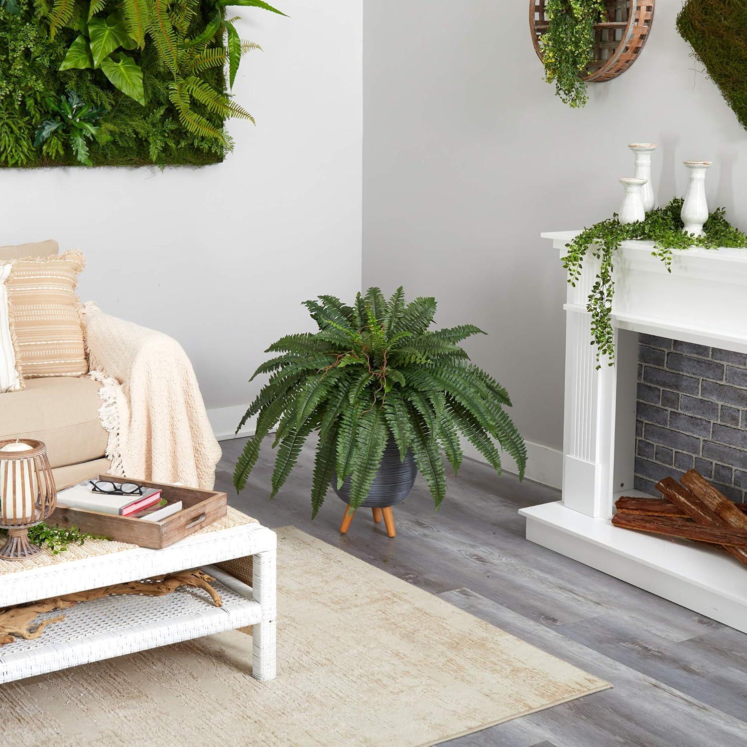 Nearly Natural 2.5ft. Boston Fern Artificial Plant in Gray Planter with Stand