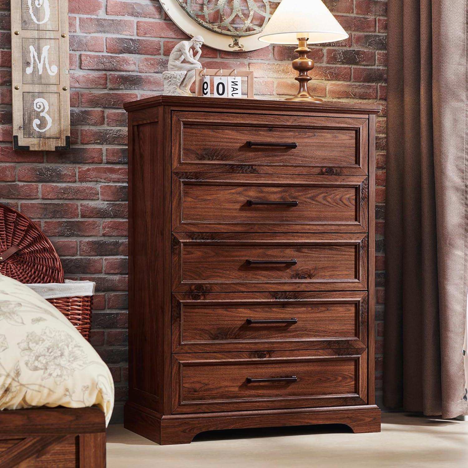 Farmhouse 5 Drawers Dresser Chests for Bedroom,46" Tall Wood Rustic Chest of Drawers with Wide Metal Handle,Natural Texture,Drawer Organizer for Bedroom,Living Room,Hallway and Entryway,Brown