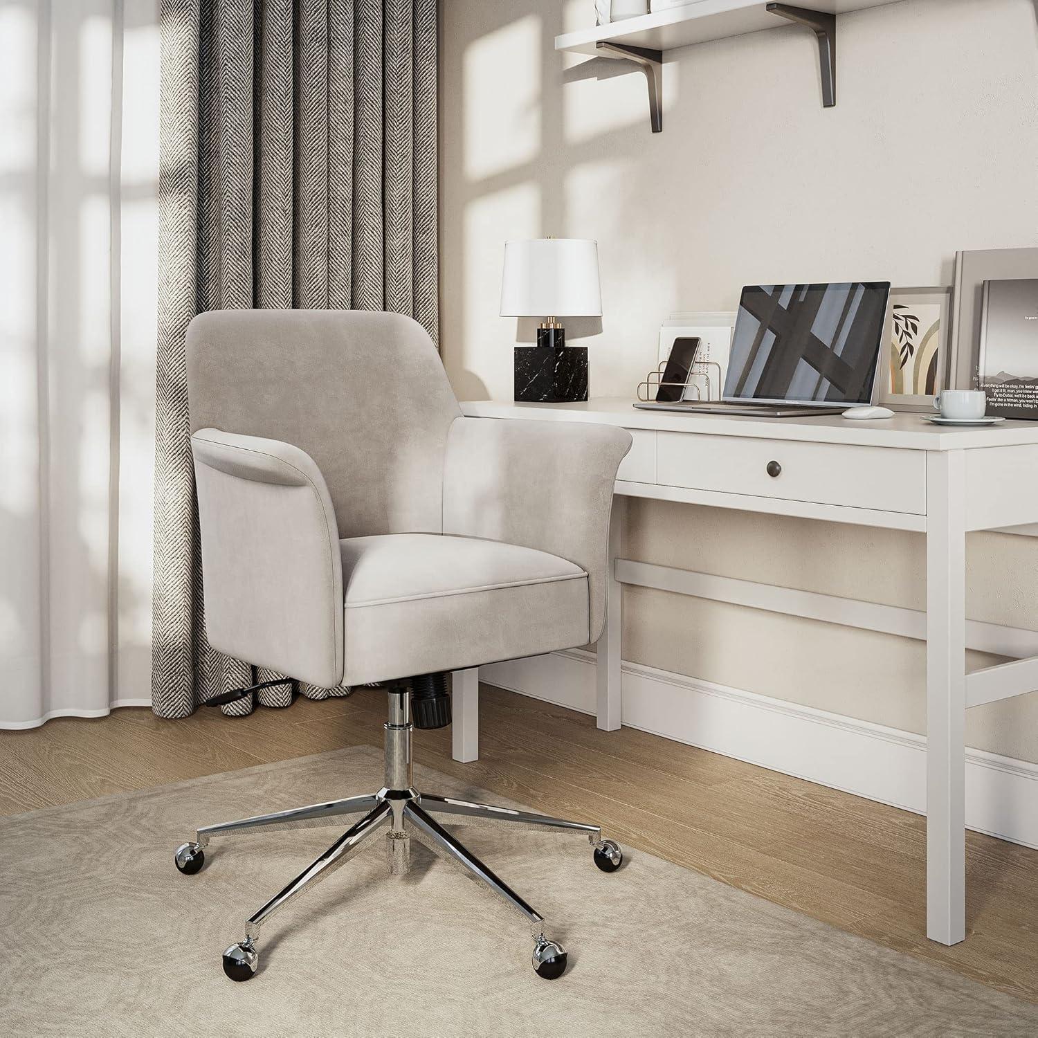 BELLEZE Modern Upholstered Velvet Desk Chair, Rolling Swivel Office Or Vanity Seating, Stylish Comfy Armchair With Easily Adjustable Height - Peyton (Beige)