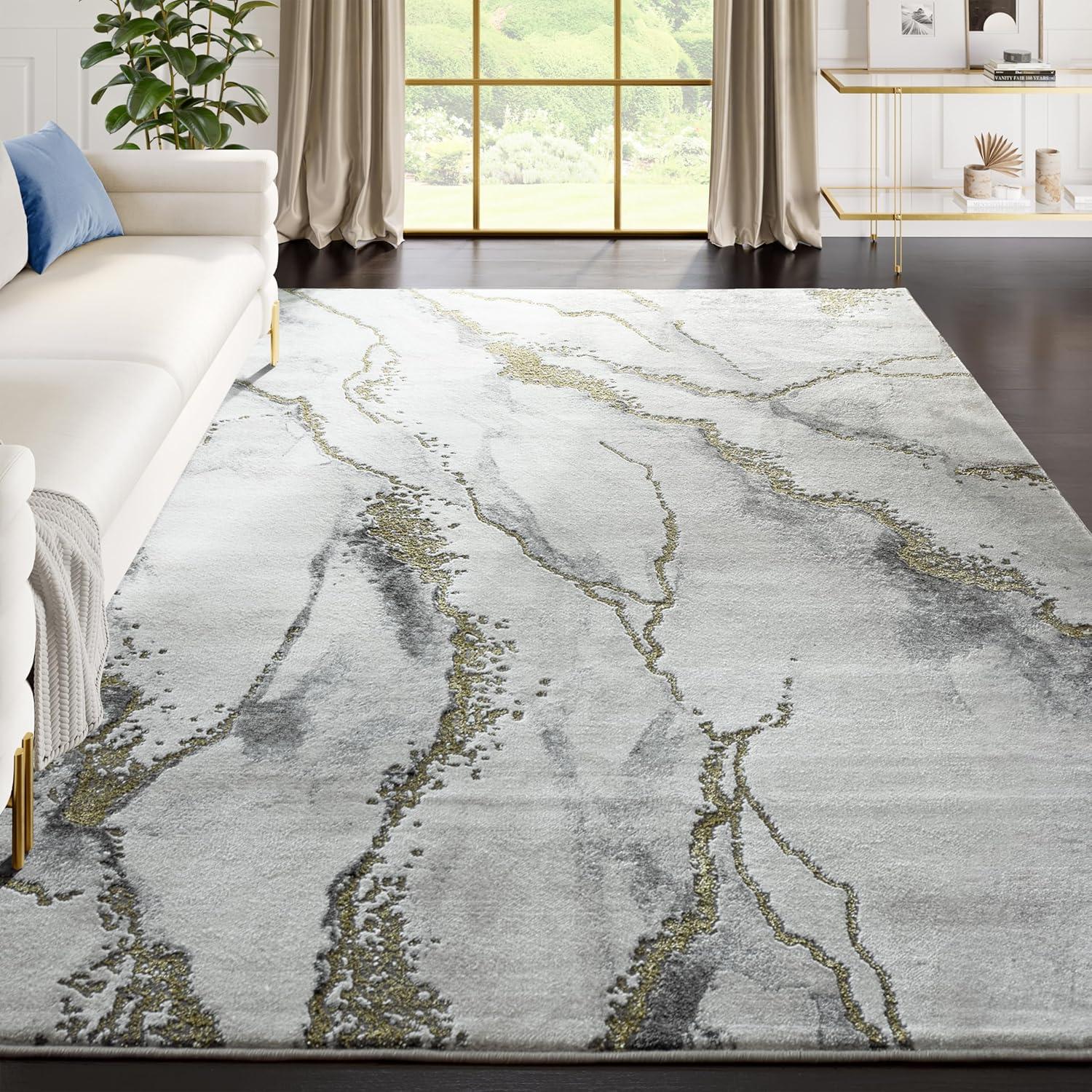 Luna Abstract Marble 5'3" x 7'6" Grey & Gold Synthetic Area Rug