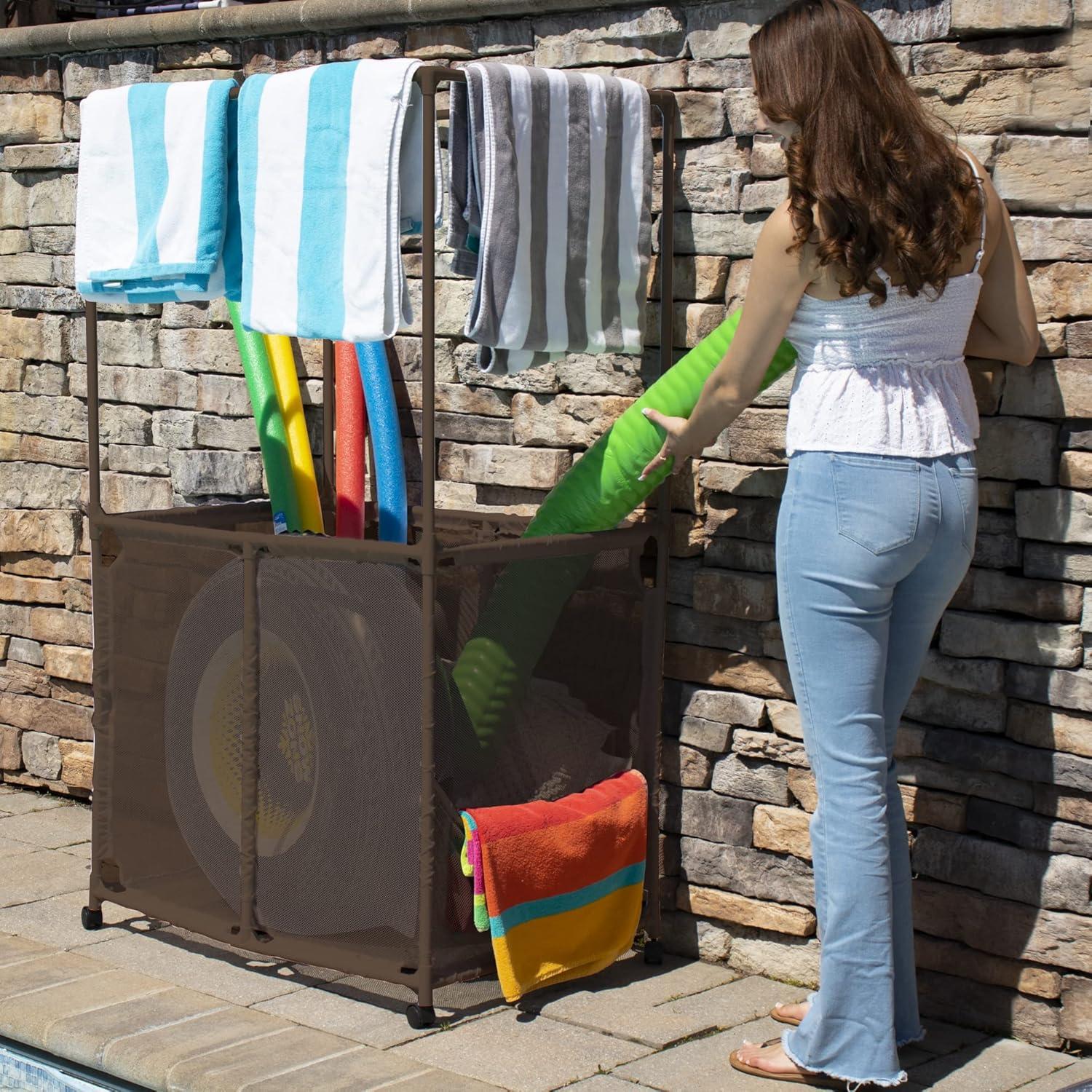 Essentially Yours Pool Equipment Holder with Towel Drying Bars, Mesh Rolling Double Decker Multi Use Storage Organizer Bin, Extra Large with Towel Hanger, (34.5" W x 25" L x 62.6" H), Brown Style 4185