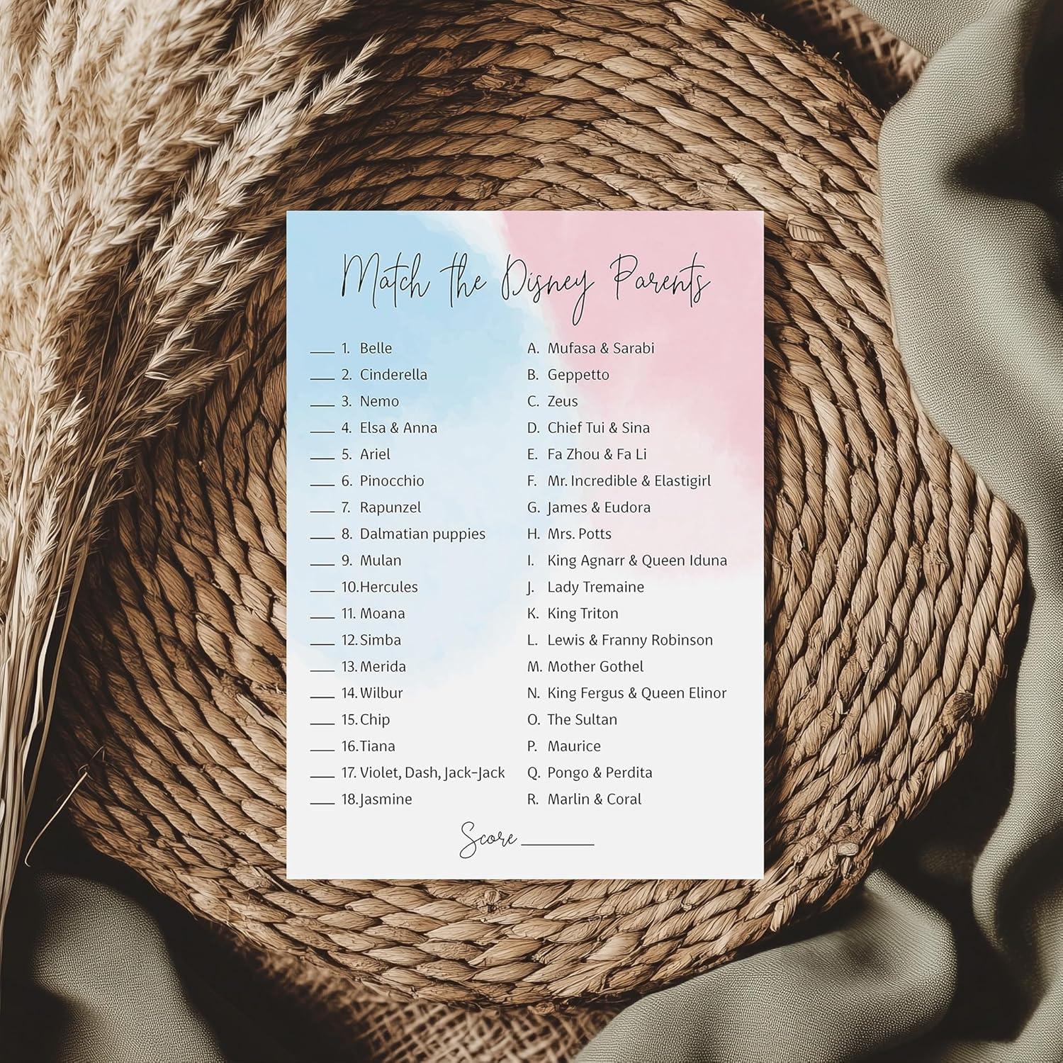 GENDER NEUTRAL Baby Shower Game — DISNEY PARENT MATCH Game — Pack of 25 — PURPLE Elephant Baby Shower Game, Match Famous Disney Parents Fun Shower Activity, Disney Star Kids Match Game, SKU G752-DPM