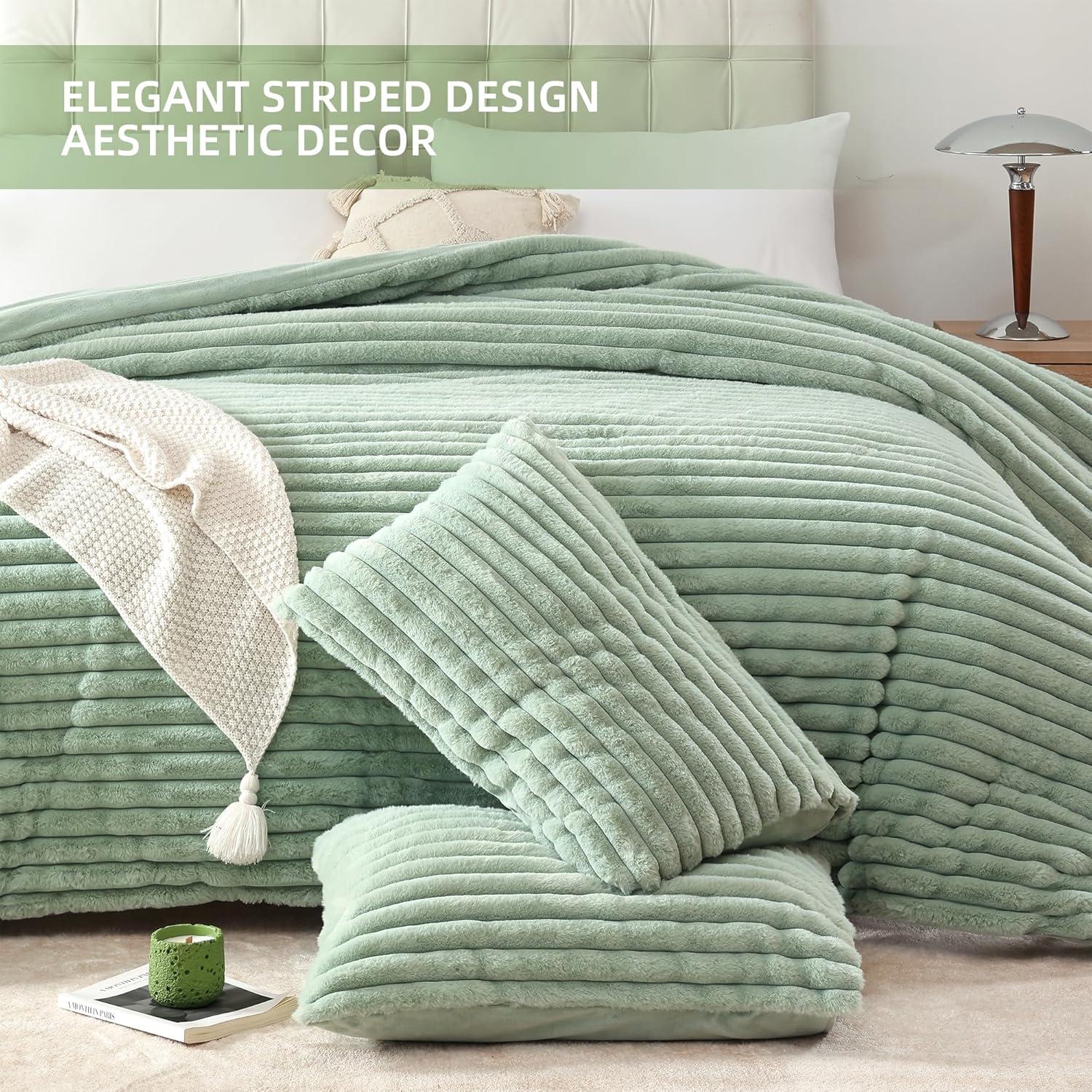 Smoofy Fluffy Twin Comforter Sets 2 Pieces - Sage Green Fleece Fluffy Comforter Set, Luxury Fuzzy Twin Bedding Set, Soft Twin Size Comforter All Season, Heavy Faux Fur Comforter with Pillow Cases